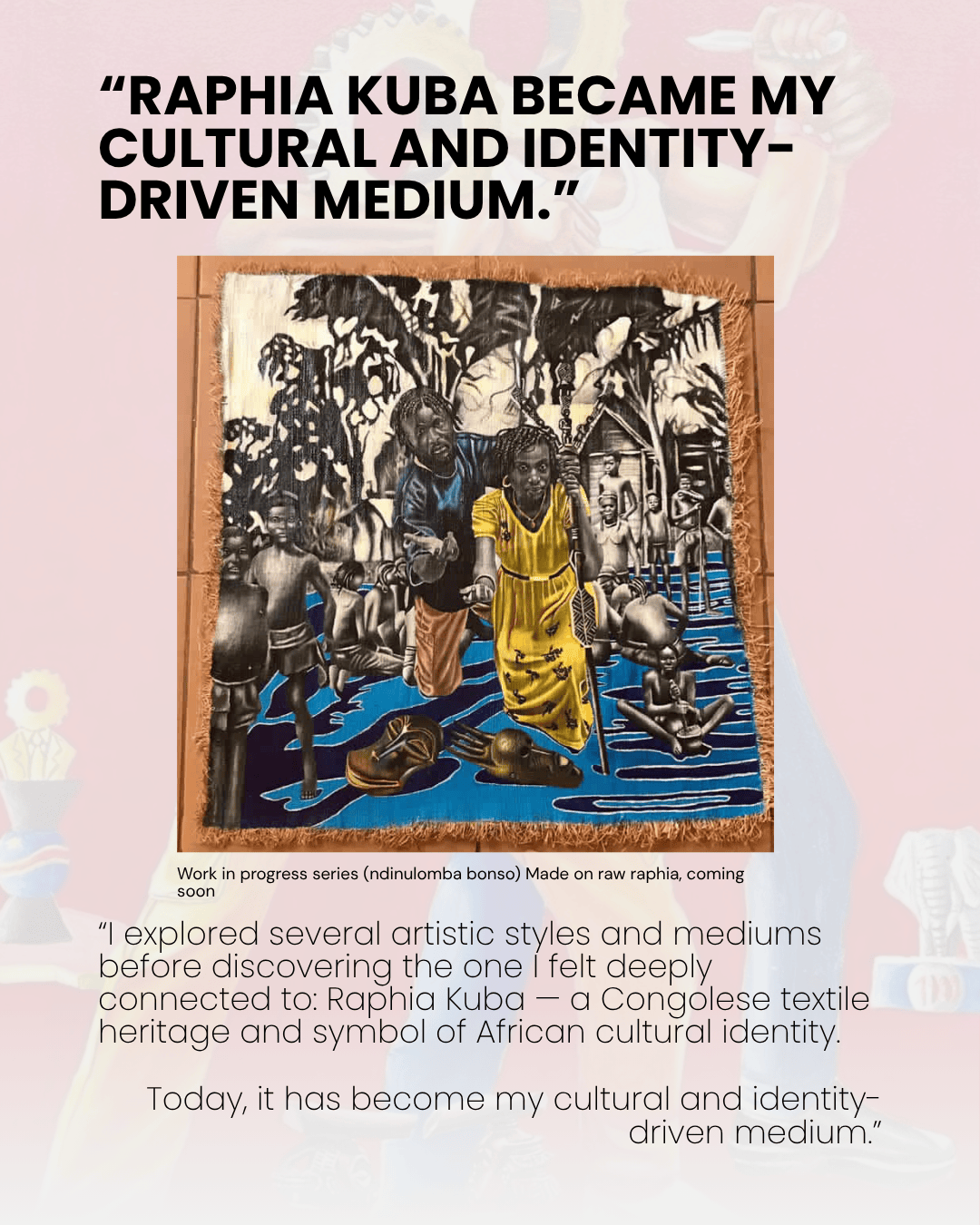 An artistic depiction of Raphia Kuba textile heritage, showcasing a vibrant scene with figures and traditional elements. The text highlights the significance of Raphia Kuba in cultural identity and artistic expression.