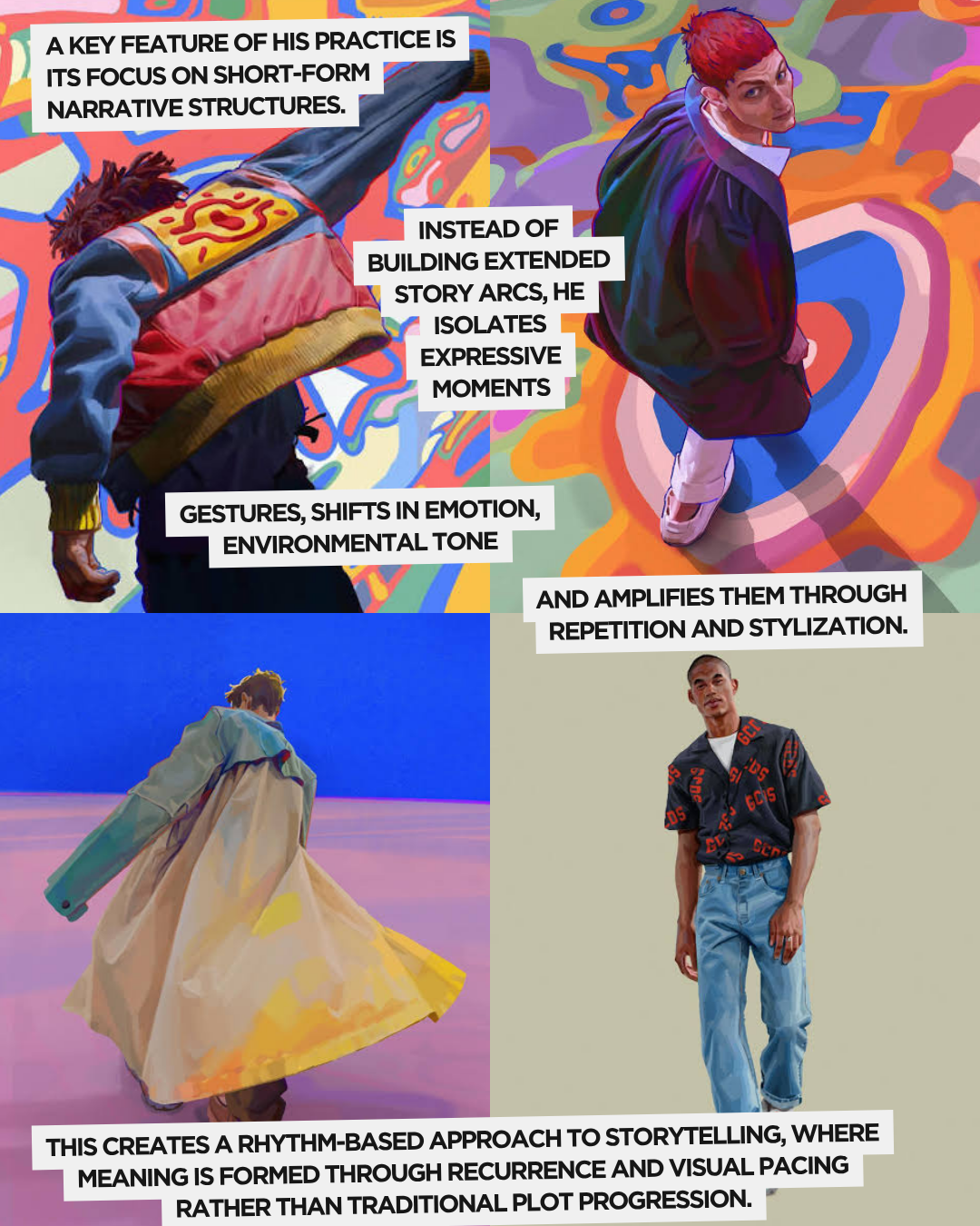 A colorful artistic collage featuring four different models showcasing expressive clothing and poses against vibrant backgrounds, accompanied by text discussing short-form narrative structures in visual art.