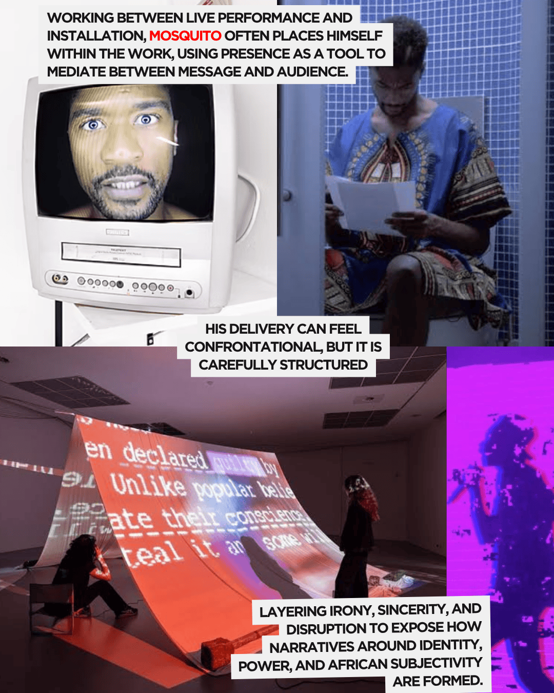A mixed-media installation featuring a performer interacting with video projections and text, exploring themes of identity and audience engagement.