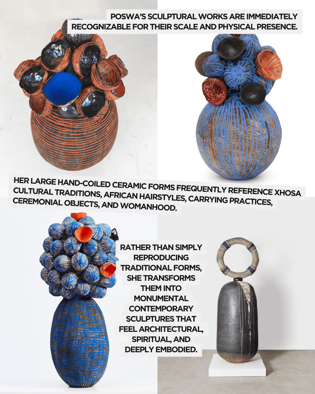A collection of four large ceramic sculptures by artist Poswa, characterized by vibrant colors and intricate designs, referencing Xhosa culture and themes of womanhood.
