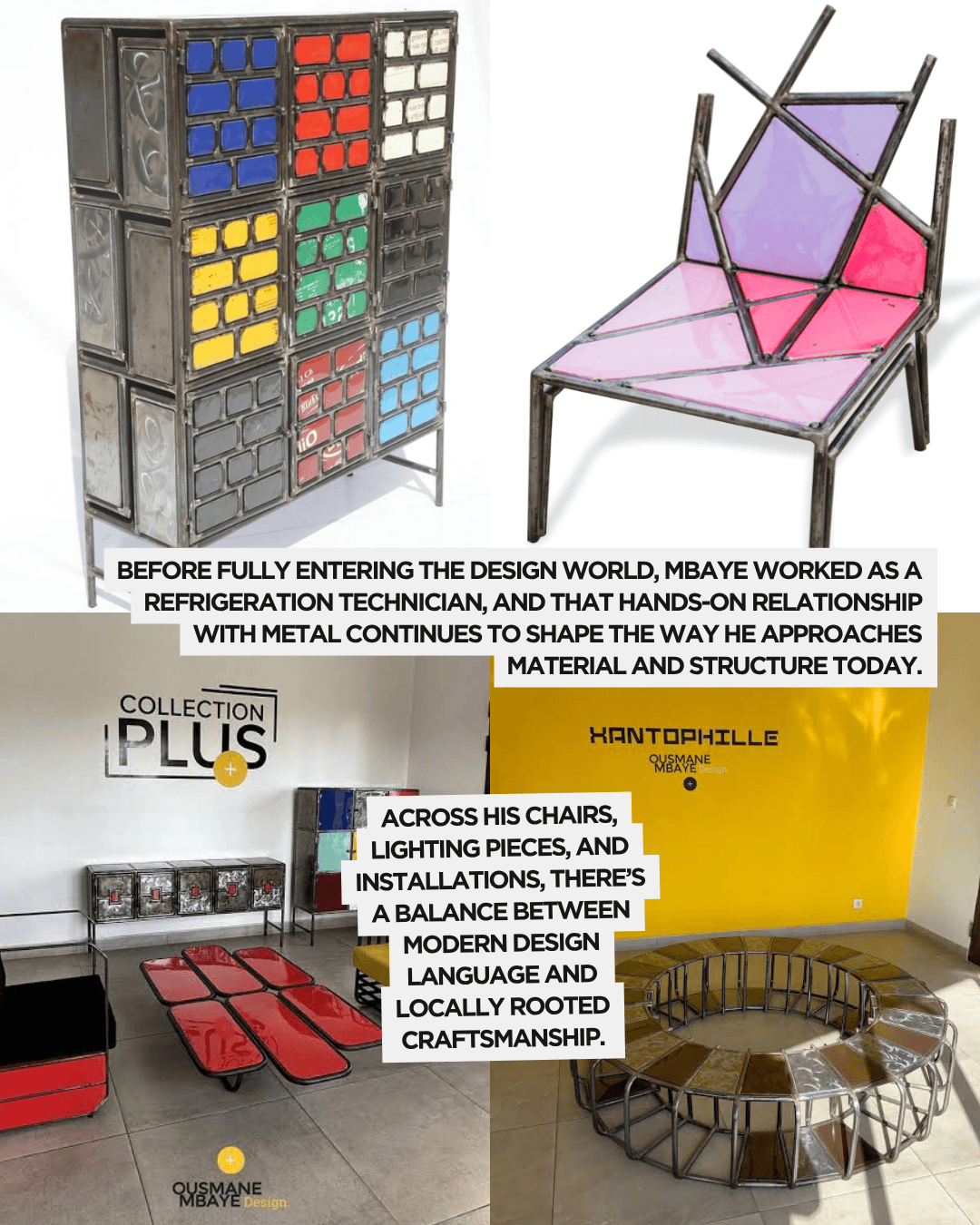 A collage of modern furniture pieces, including a colorful metal storage unit, an abstract chair with glass panels, and a circular table showcasing a blend of contemporary design and craftsmanship.