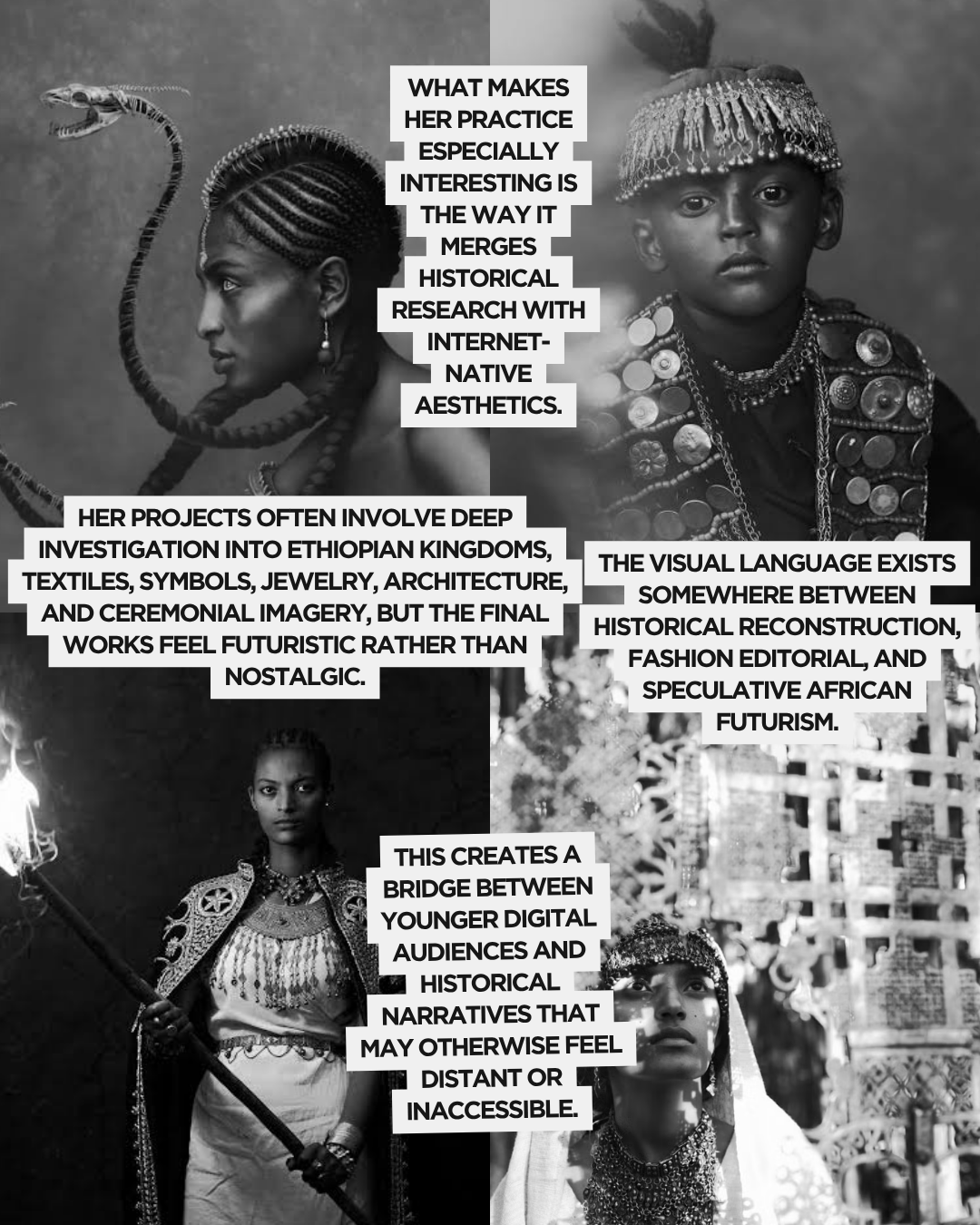 A black and white image featuring two individuals in traditional Ethiopian attire. The left figure holds a torch and wears ornate jewelry, while the right figure dons a decorative headpiece. Text overlays discuss the merging of historical research with modern aesthetics and the impact on digital audiences.