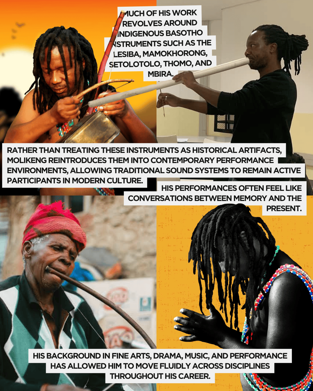 A collage featuring a musician engaging with traditional Basotho instruments like the lesiba and mbira, emphasizing contemporary performance and cultural connection.