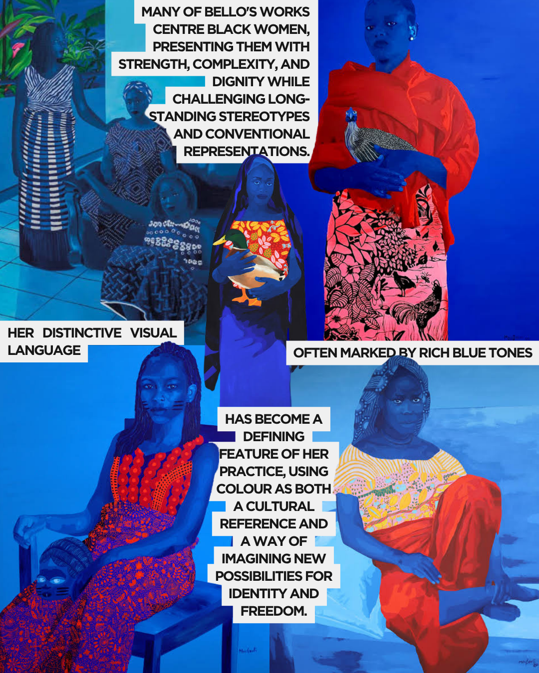 An artistic composition featuring multiple depictions of Black women, highlighted in rich blue tones. The artwork emphasizes strength, complexity, and dignity, challenging stereotypes. Text blocks provide insight into the artist's distinctive visual language and cultural references.