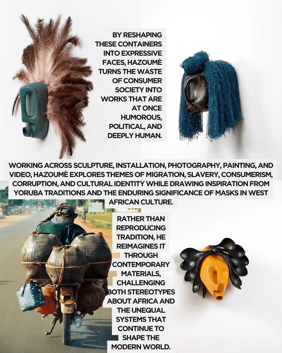 Artistic installation featuring masks created from repurposed materials, highlighting themes of migration and cultural identity.