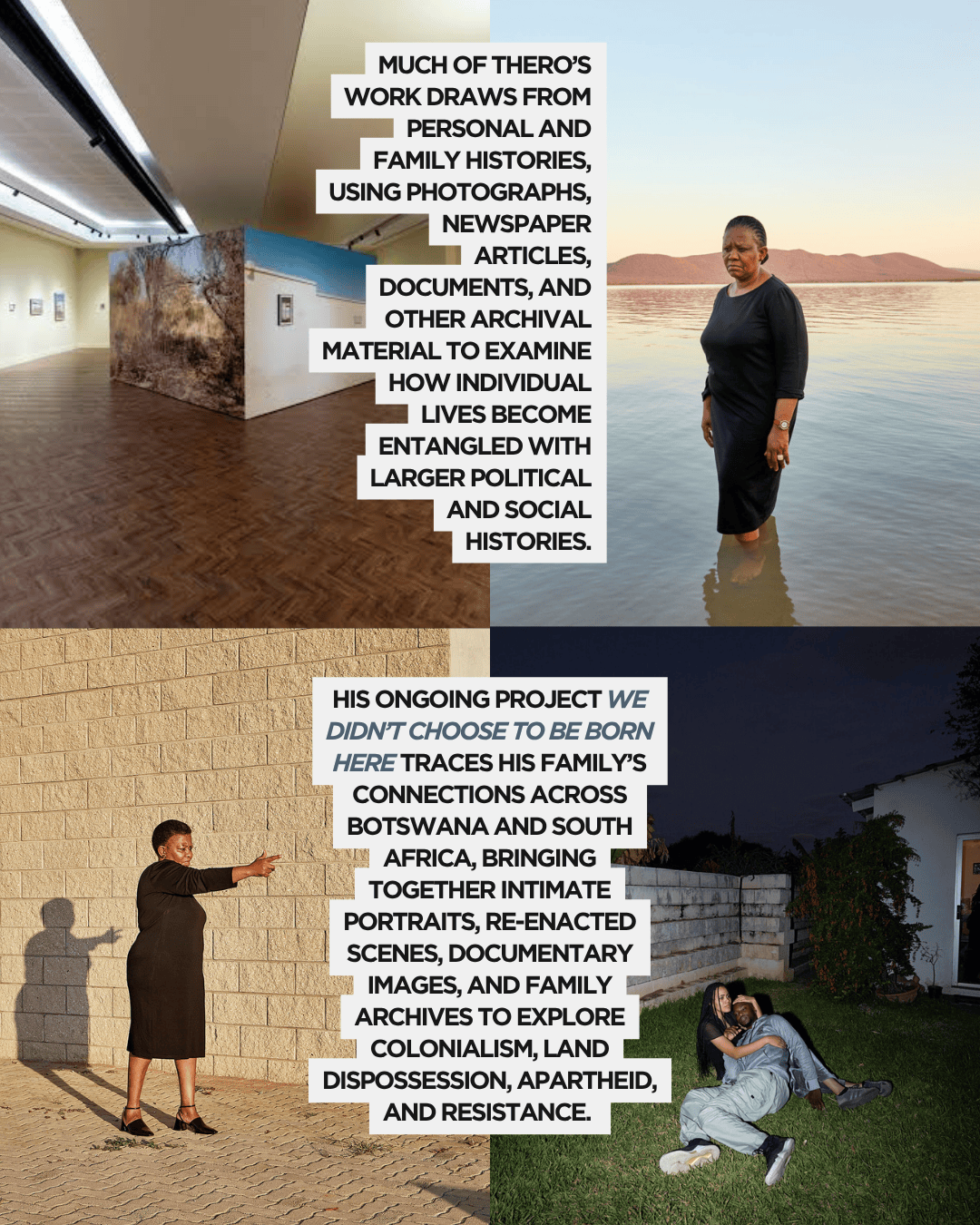 An art exhibition featuring a montage of images and text discussing the work of an artist named Thero, showcasing personal and family histories intertwined with political and social narratives.