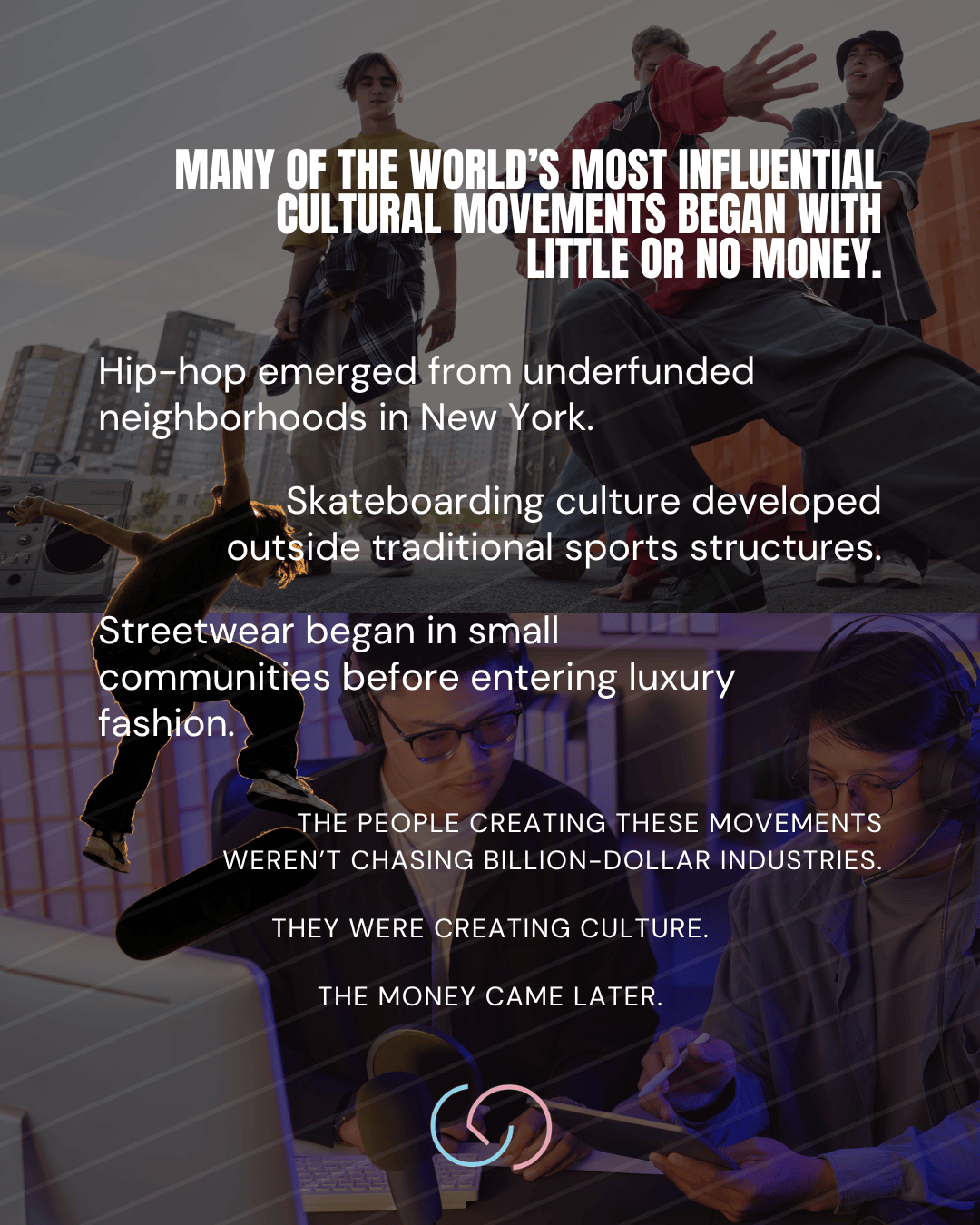 A group of young individuals engaging in street culture, with a focus on hip-hop and skateboarding, set against an urban backdrop. Text overlay highlights the origins of cultural movements from underfunded neighborhoods.