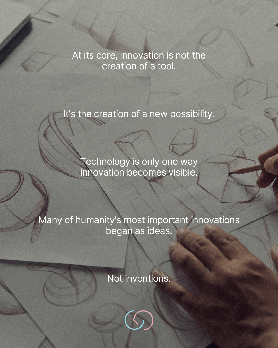 A close-up of a hand sketching ideas on paper, surrounded by various pencil-drawn shapes and forms, with text about innovation and technology.