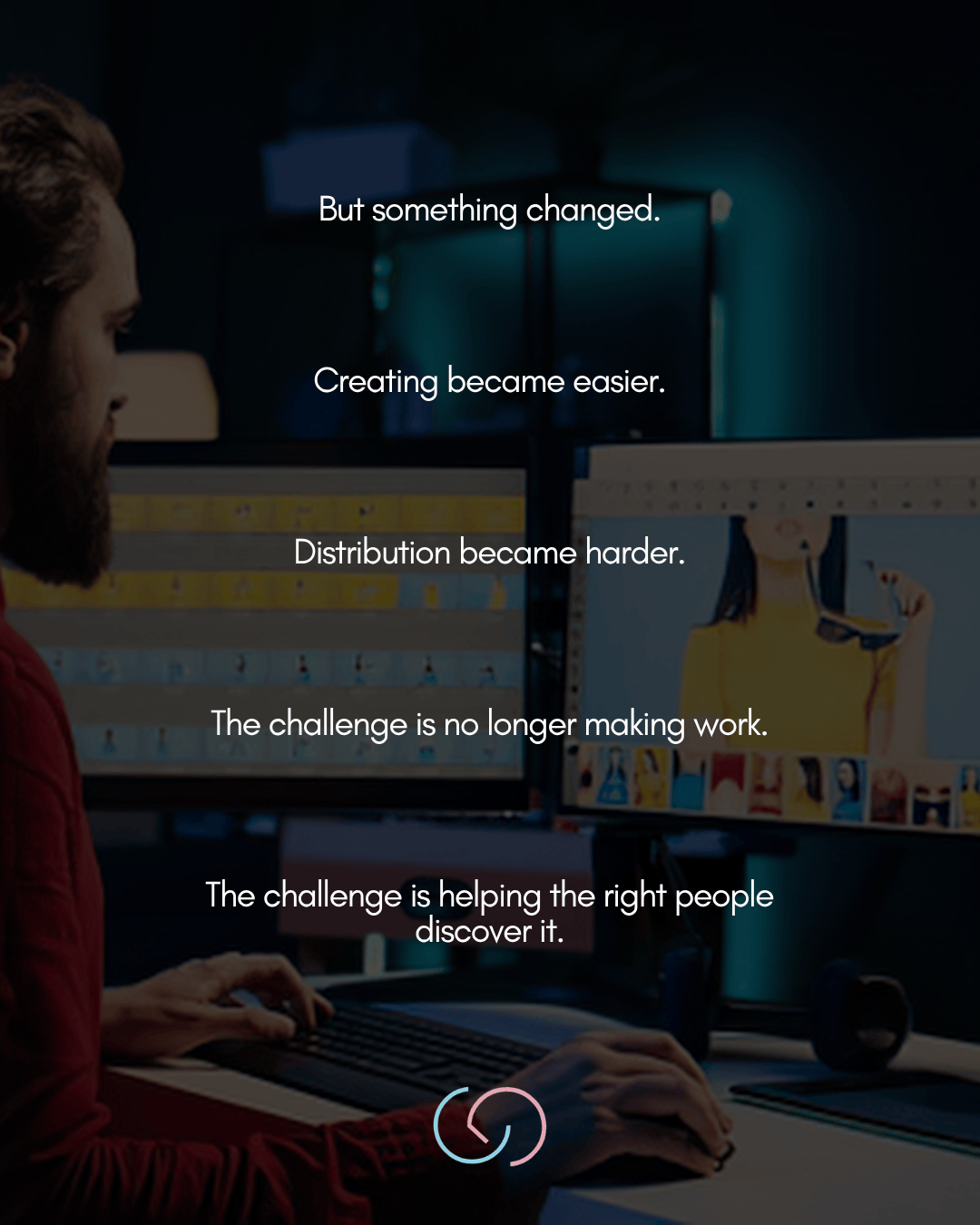A person working at a desk with multiple computer monitors displaying images and text, reflecting on challenges in content creation and distribution.