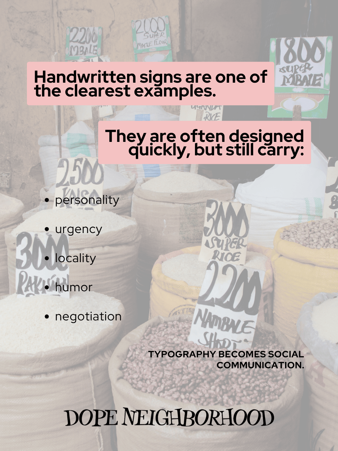 Handwritten signs displayed in a market, showcasing various prices and products, emphasizing the attributes of personality, urgency, locality, humor, and negotiation.