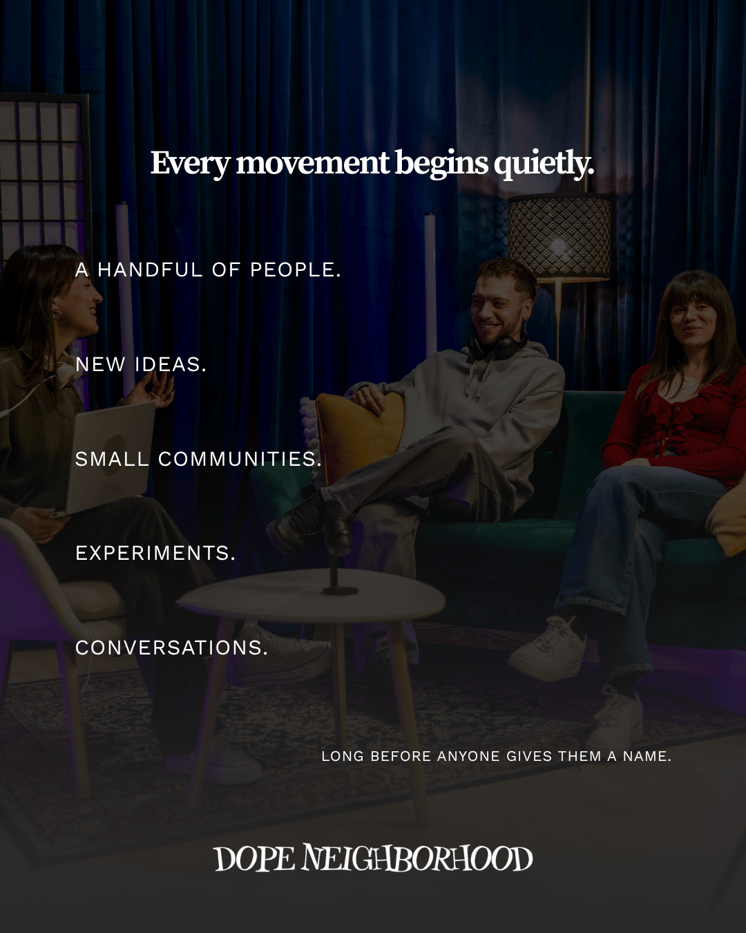 A group of three individuals engaged in conversation on a cozy set with green sofas and decorative lighting, accompanied by text about the beginnings of movements.