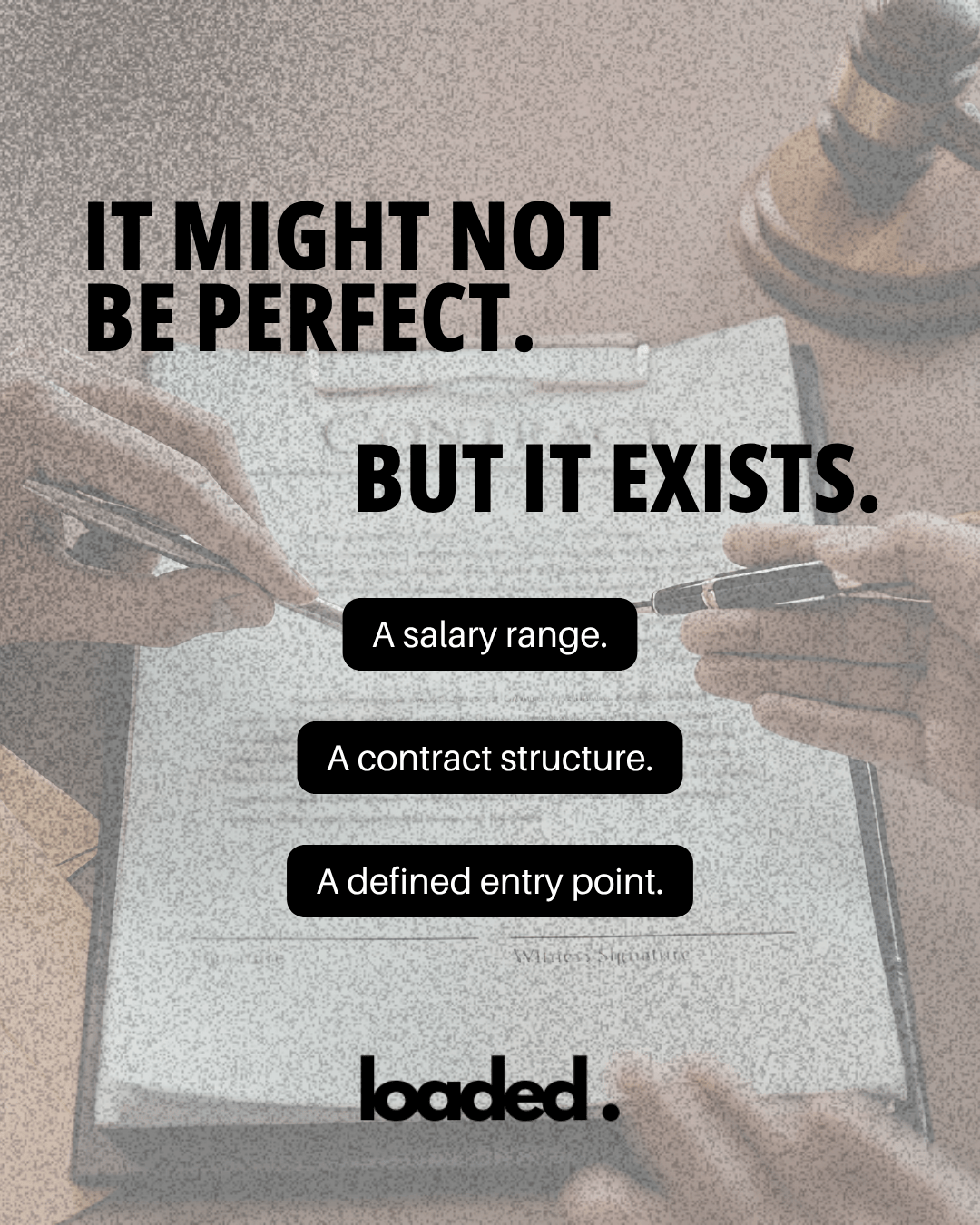 Close-up of hands signing a contract with a gavel and paper in the background, including text about salary range, contract structure, and defined entry point.