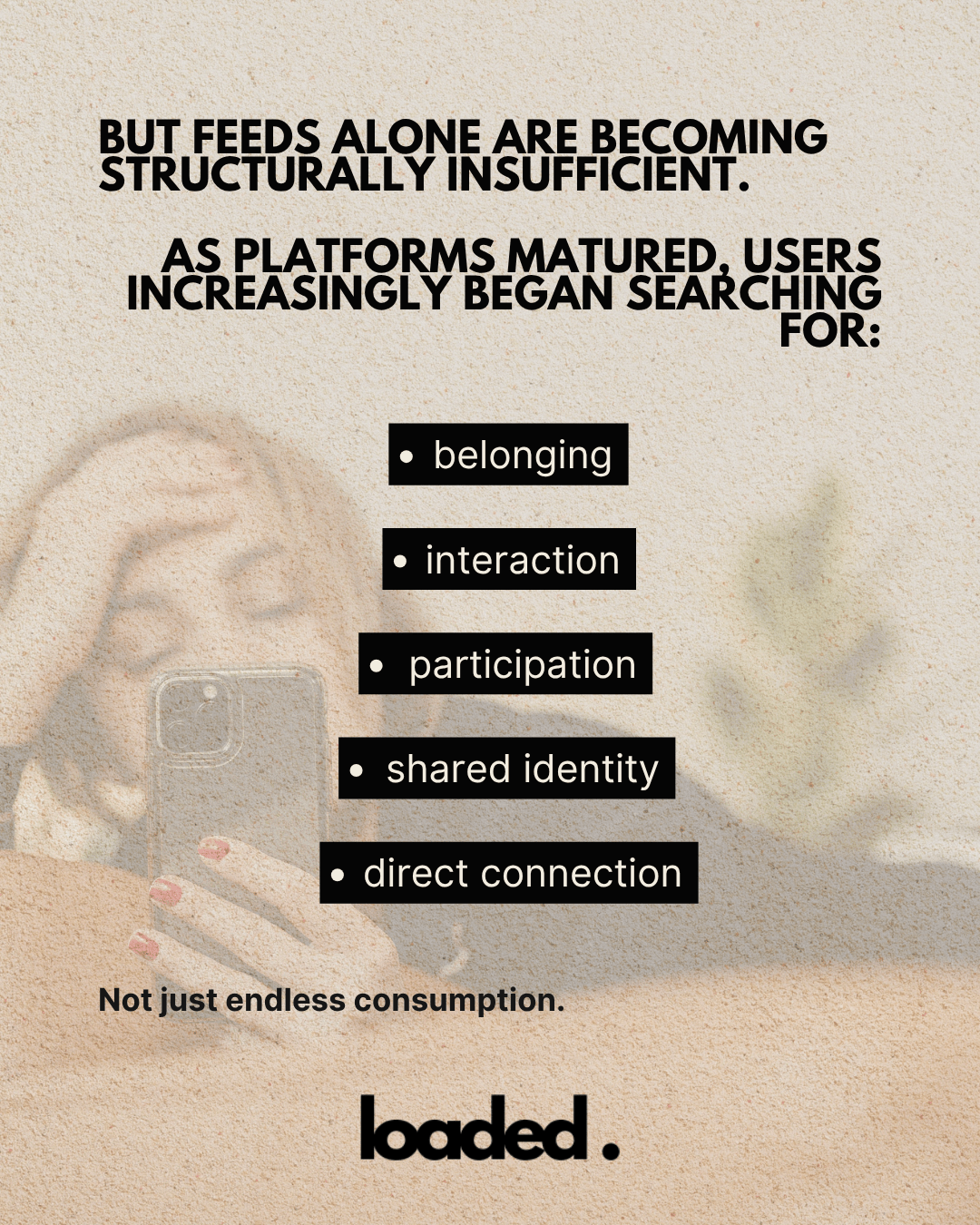 A graphic highlighting the inadequacies of social media feeds, with key focuses on belonging, interaction, participation, shared identity, and direct connection. The background features a blurred image of a person holding a smartphone.