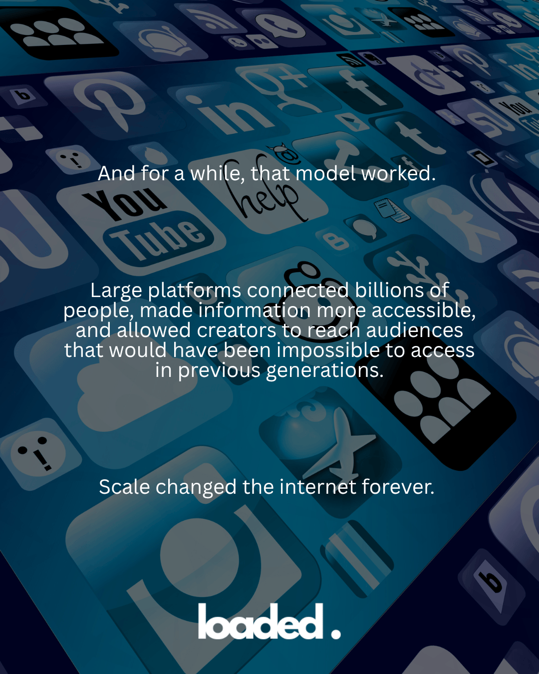 A collage of various social media and application icons with overlaying text discussing the impact of large platforms on information accessibility and audience connection.