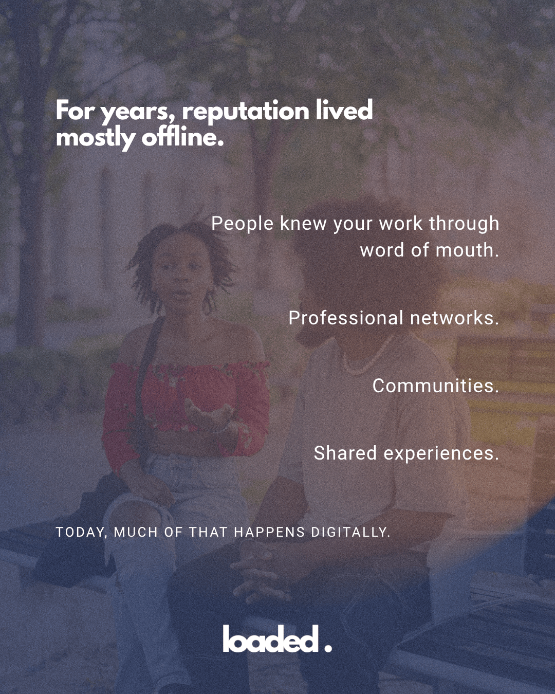 Two people engaging in conversation outdoors, with text overlay discussing the evolution of reputation from offline interactions to digital platforms.