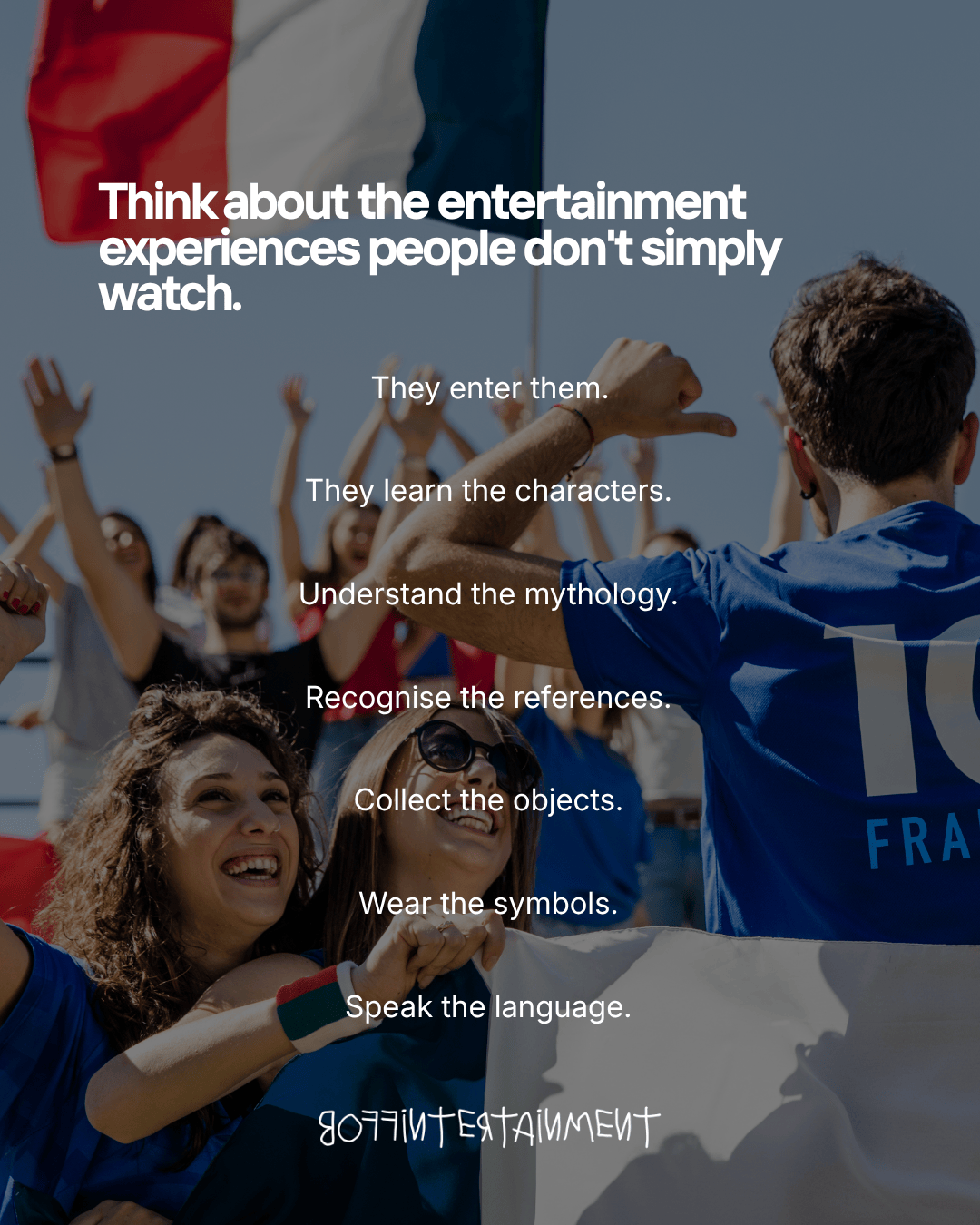 A group of people celebrating with flags, emphasizing deep engagement in entertainment experiences through various actions and emotions.