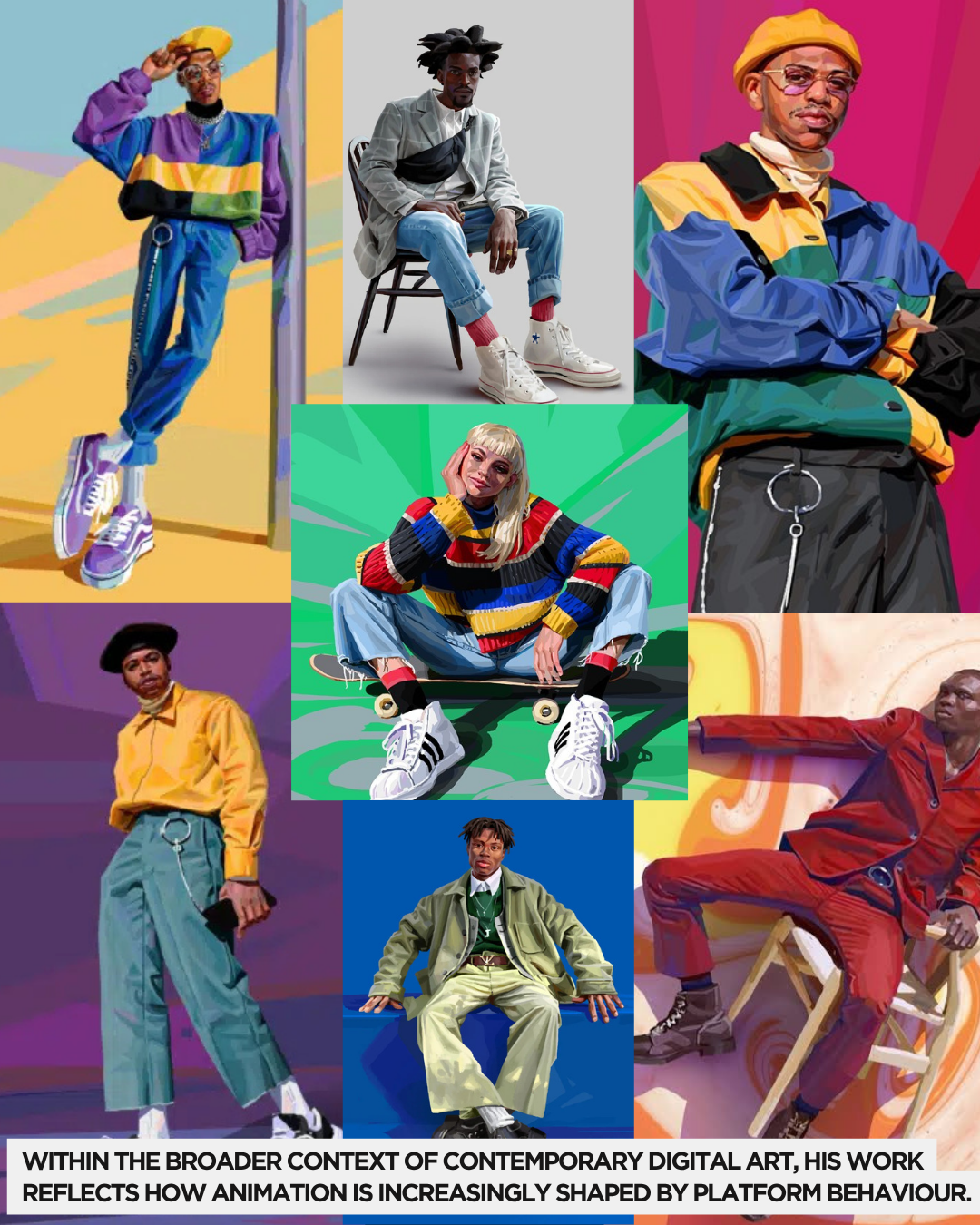 A collage of colorful digital portraits featuring individuals in stylish outfits, showcasing diverse fashion and attitudes.