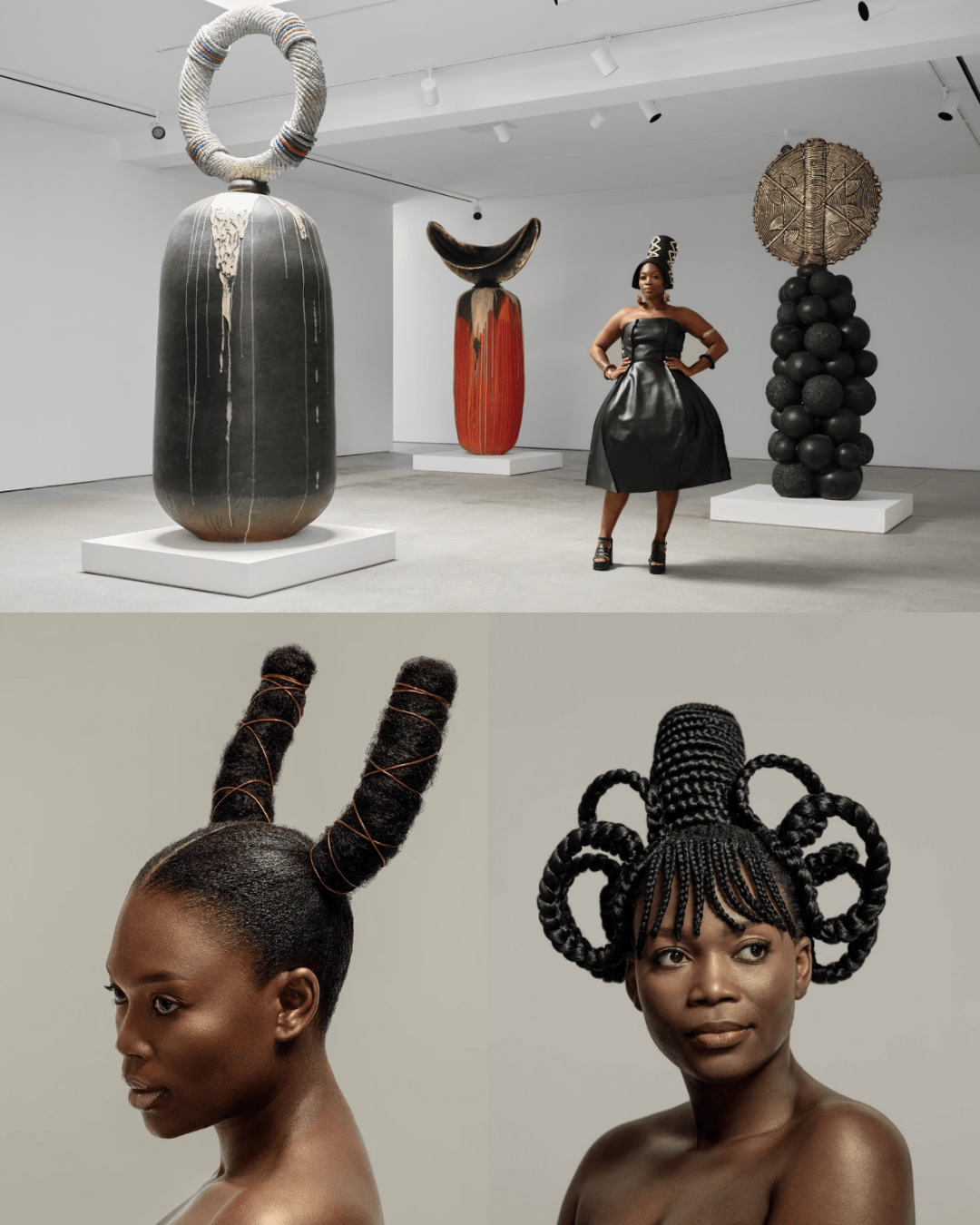 An art gallery featuring large sculptures on pedestals, with a woman in a black dress standing among the artworks. The sculptures are abstract and varied in shape and color.