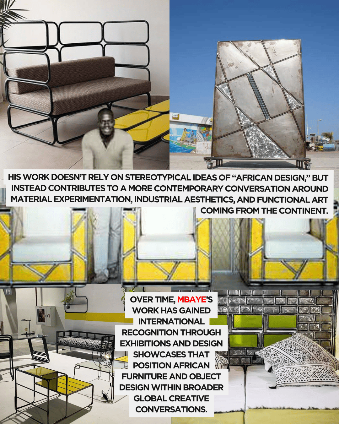 A modern furniture display featuring a contemporary sofa with a geometric metal frame and patterned upholstery, paired with a metallic table showcasing an industrial design aesthetic.