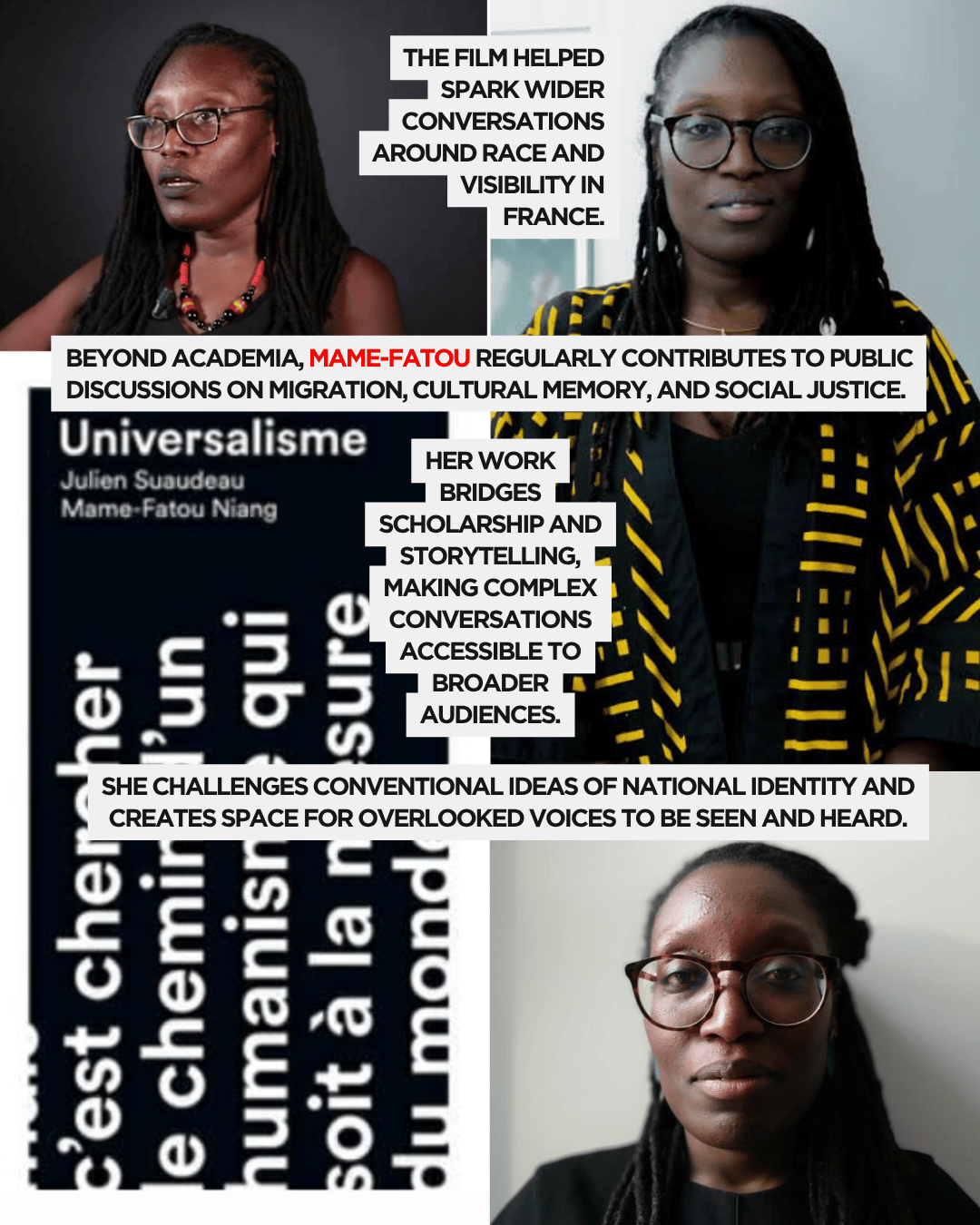 Collage featuring Mame-Fatou Niang discussing themes of race, visibility, migration, and social justice, with text overlays highlighting her contributions to public discourse and scholarship.