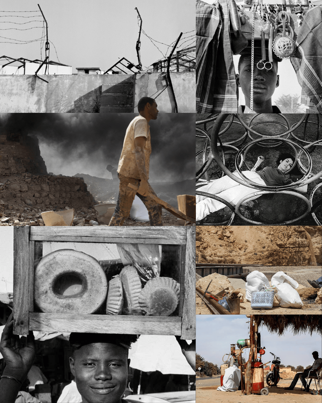 A black and white image collage featuring a barbed wire fence, a man working in a dusty environment, various items hanging for sale, a person lying between metal rings, a vendor holding baked goods, and a roadside stall with a motorcycle.