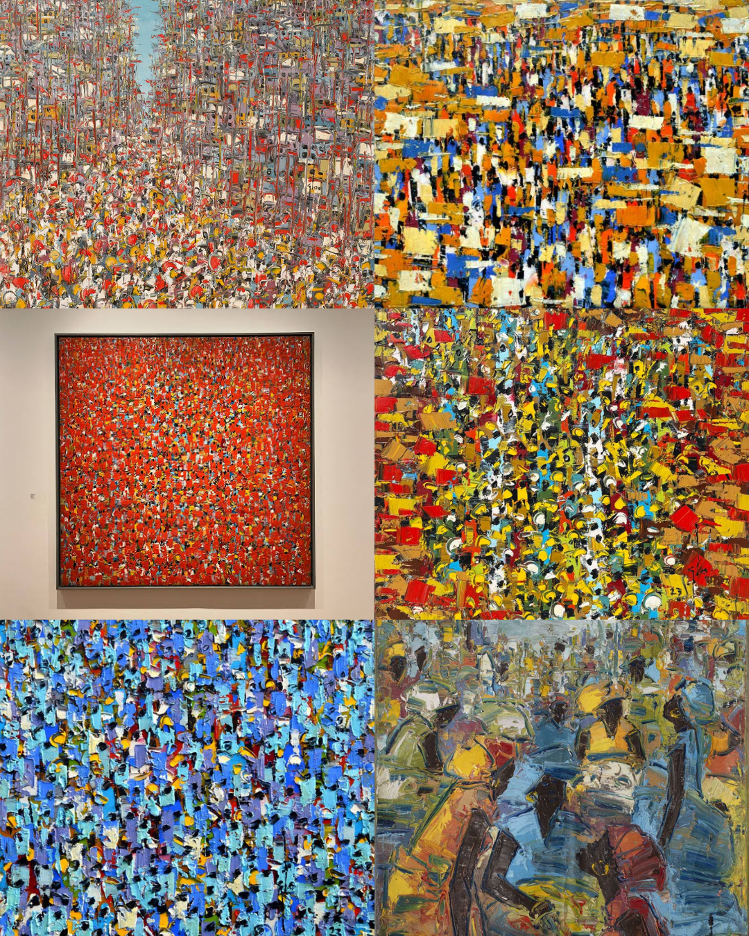 A collage of six colorful abstract paintings featuring vibrant brush strokes and varied textures.