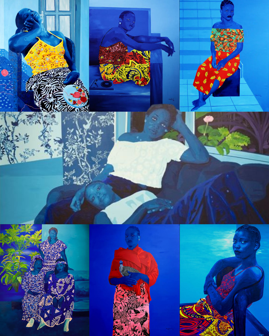 A collage of vibrant blue-toned paintings featuring women in colorful traditional attire, expressing various poses and emotions.