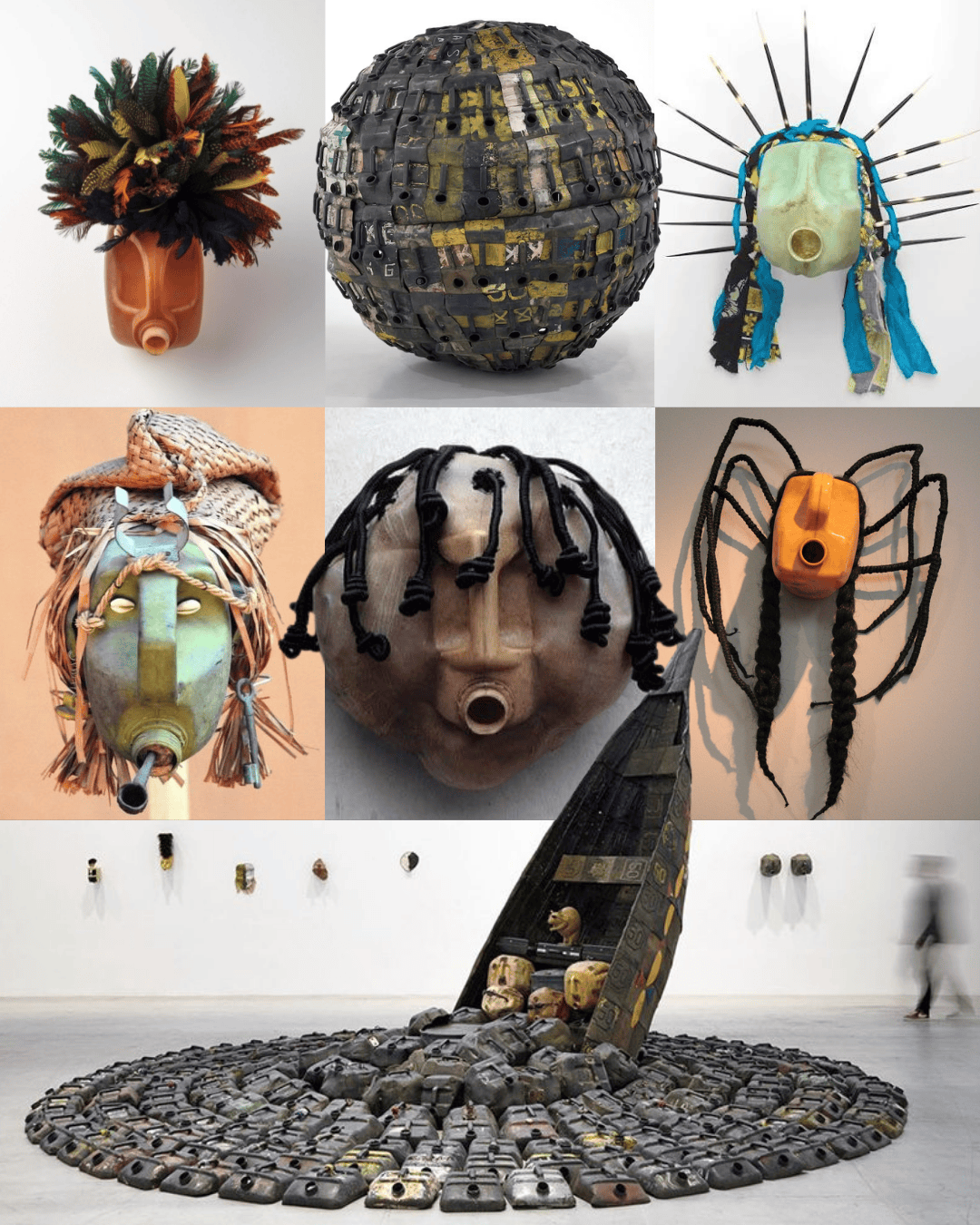 An artistic display of various sculptures featuring elaborate masks and headdresses made from diverse materials, showcasing cultural elements.
