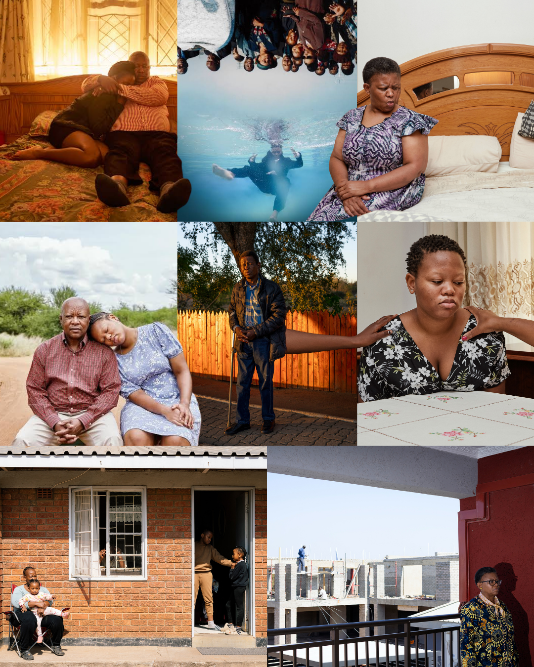 A collage of images depicting various family and social interactions, including intimate moments, communal gatherings, and individual reflections, showcasing diverse emotional expressions and settings.