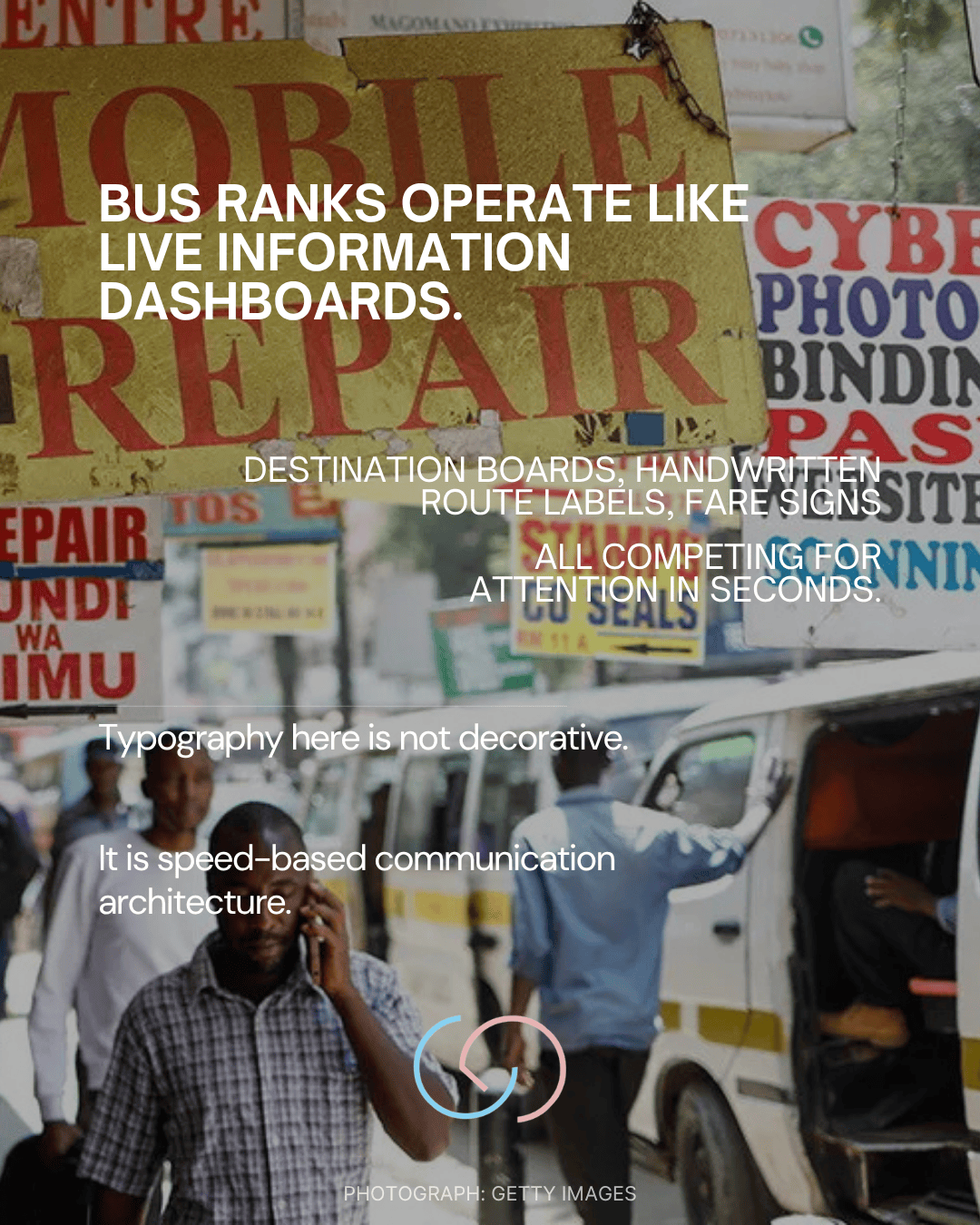 A busy street scene with various signs for bus routes, repairs, and services, depicting a vibrant public transport environment. A person talking on a phone walks past a bus, illustrating the fast-paced atmosphere.