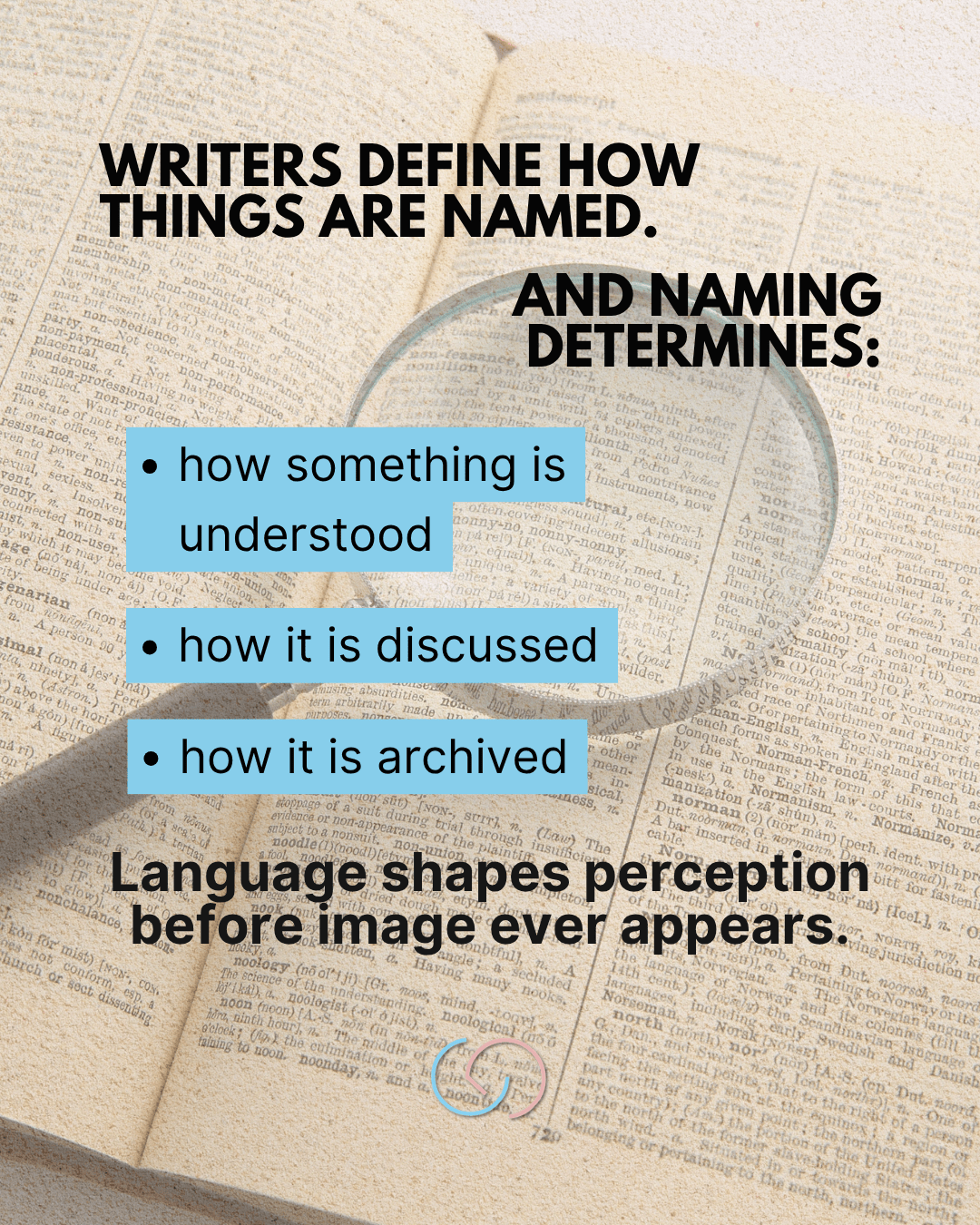 An open book with text pages and a magnifying glass. The image features bold white typography stating, 'Writers define how things are named. And naming determines:' followed by blue bullet points listing 'how something is understood,' 'how it is discussed,' and 'how it is archived.' The quote 'Language shapes perception before image ever appears.' is prominently displayed.