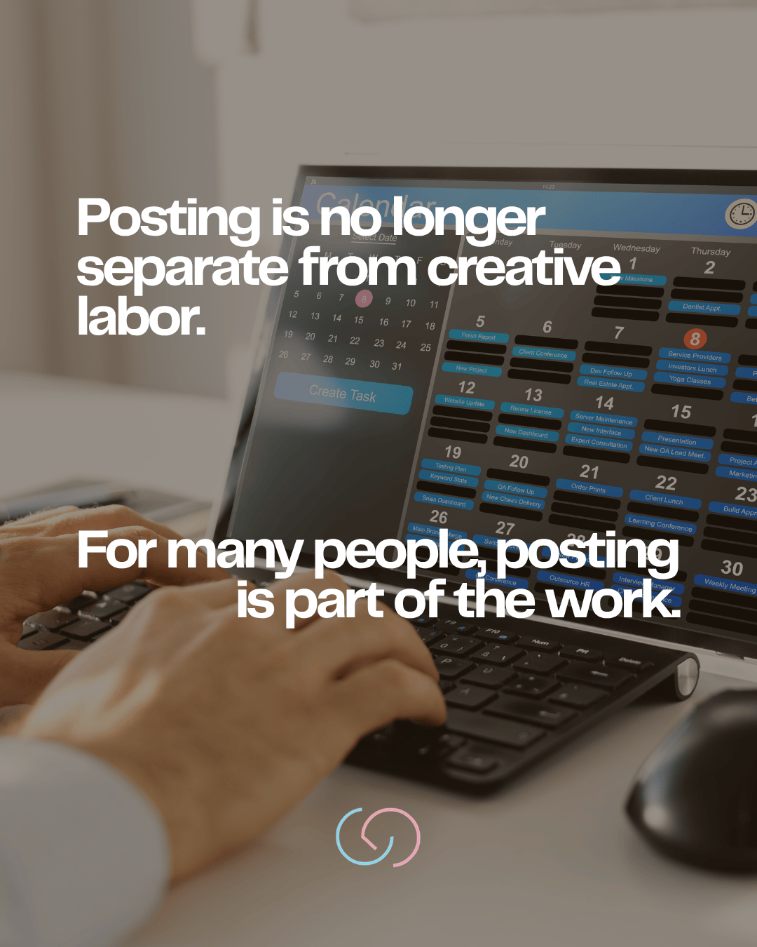 A person typing on a keyboard, with a computer screen displaying a calendar and task management interface, showcasing the integration of posting with creative work.