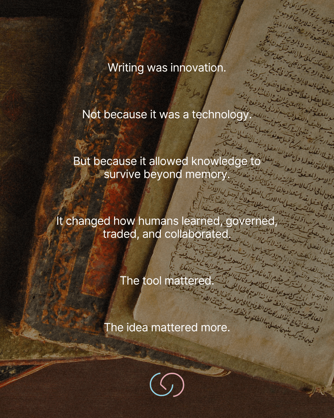 An artistic display of ancient writing and books, featuring layered manuscripts with text, emphasizing the importance of writing as a tool for preserving knowledge.