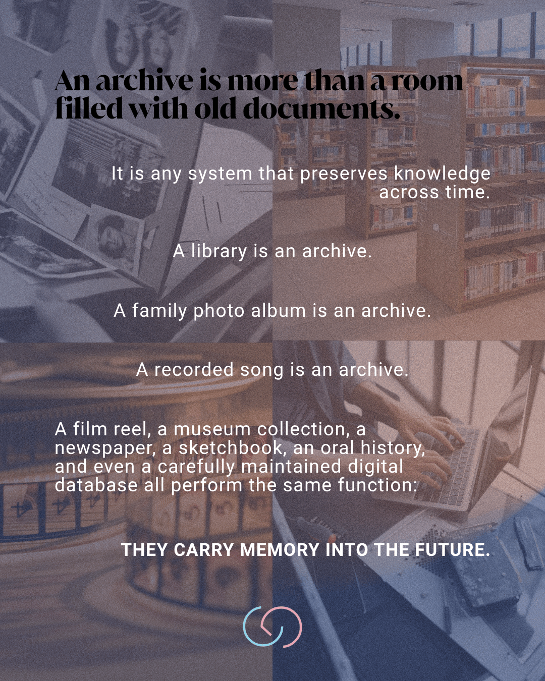 A graphic illustration discussing the concept of archives, showcasing various forms such as libraries, photo albums, and film reels, emphasizing that they preserve knowledge and memories for the future.