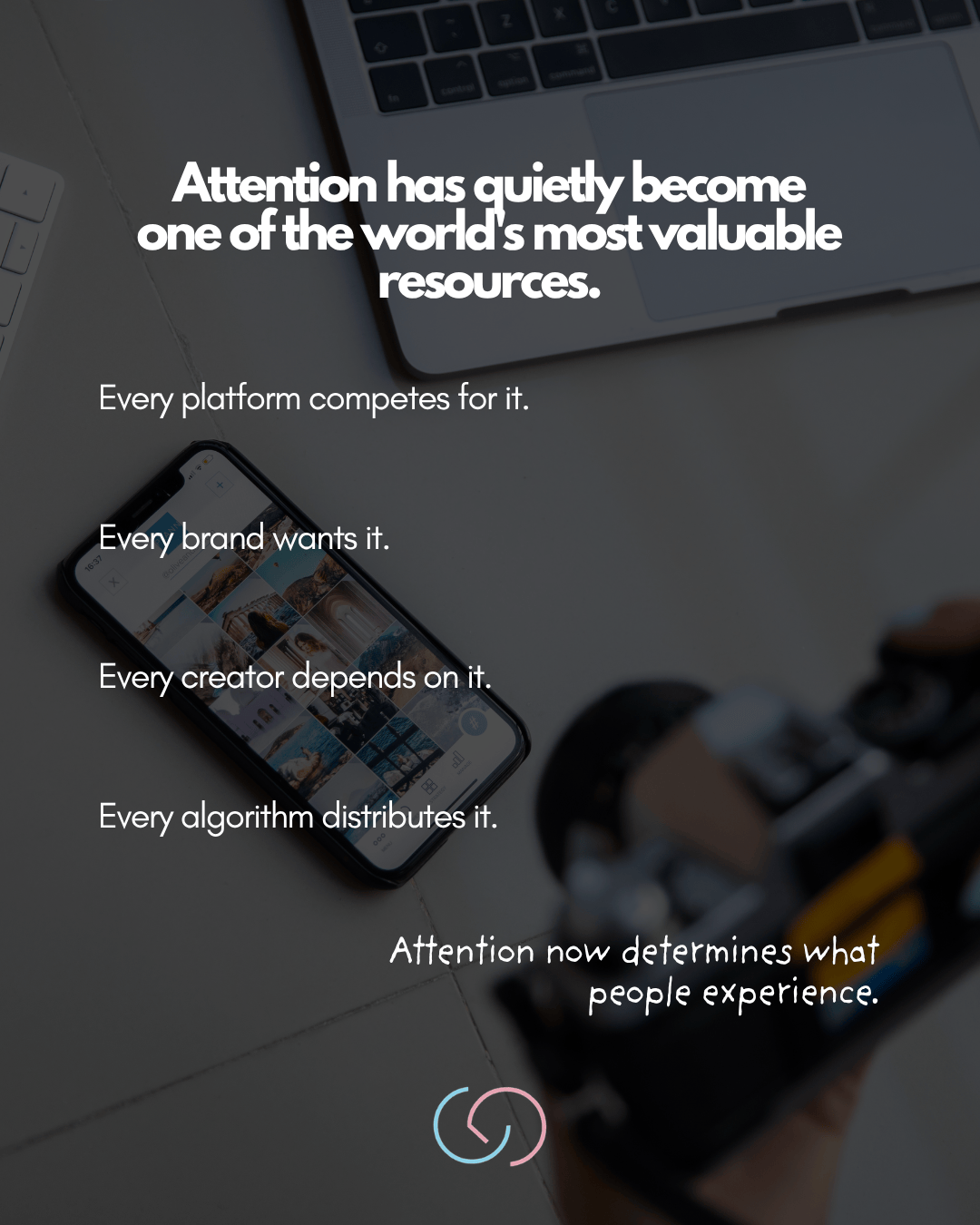 An overhead view of a smartphone displaying a gallery of images beside a laptop keyboard, accompanied by text discussing the significance of attention in the digital world.
