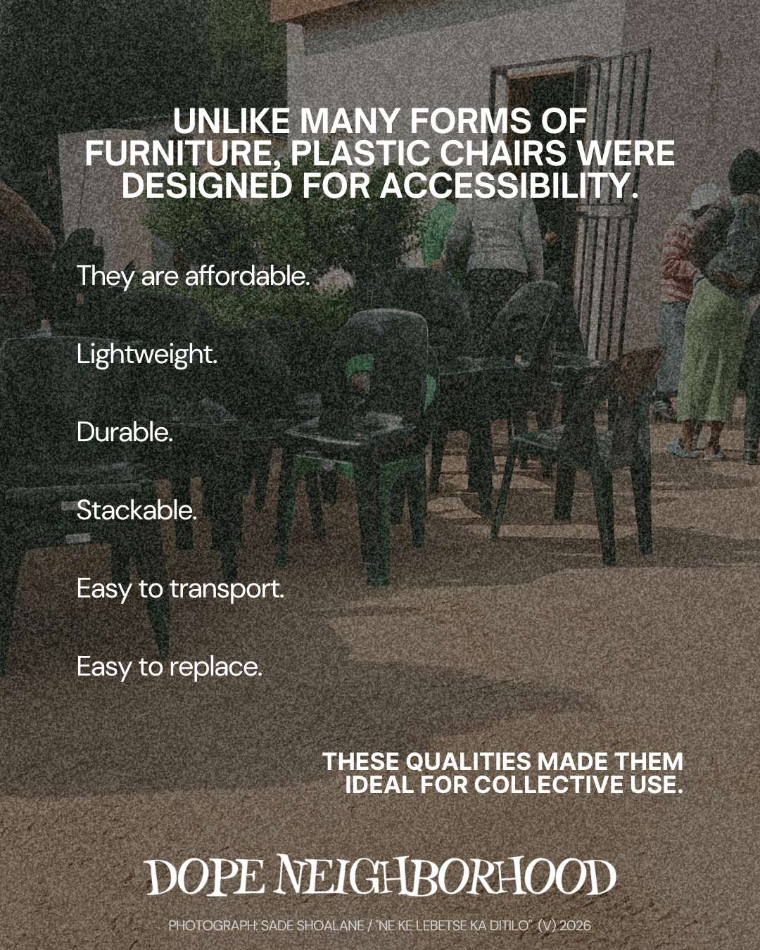 A collection of plastic chairs arranged outside a building, with text highlighting their accessibility features, including affordability, lightweight design, durability, stackability, ease of transport, and replacement.