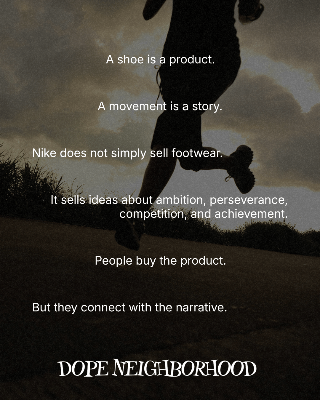 Silhouette of a runner in motion, with a foggy outdoor background and text overlay discussing the significance of storytelling in marketing, specifically in relation to Nike.