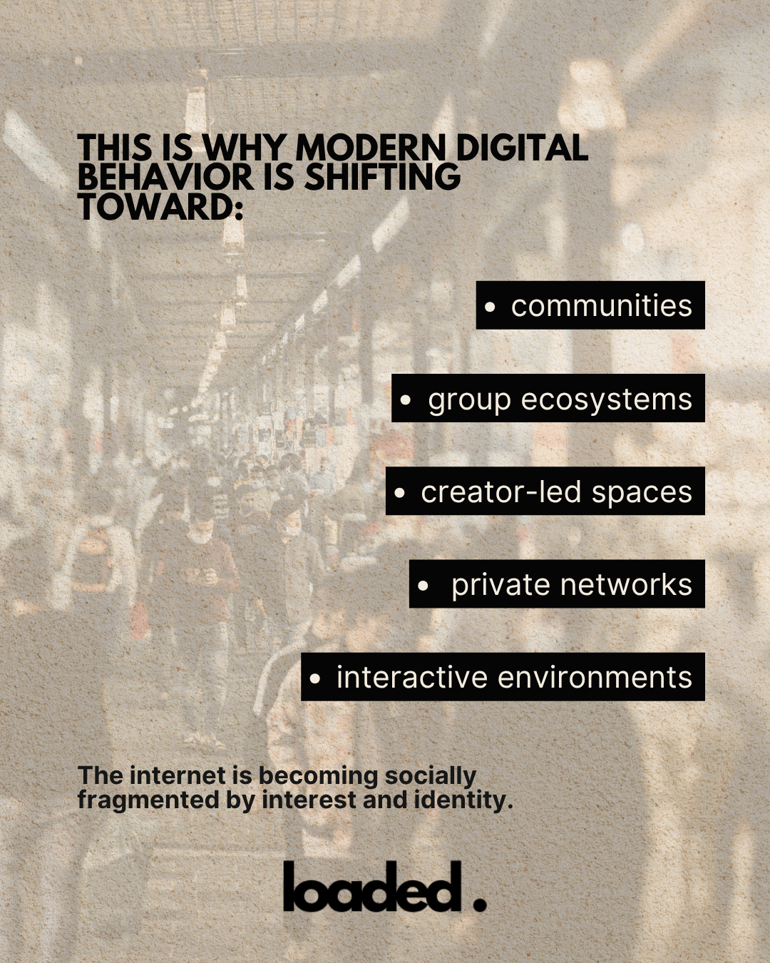 Text graphic illustrating modern digital behavior shifts towards communities, group ecosystems, creator-led spaces, private networks, and interactive environments, with a background of a crowded space.