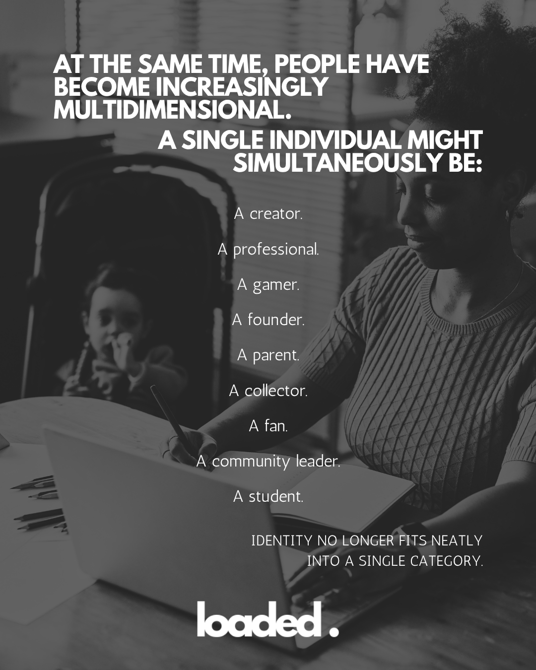 A woman writing in a notebook while looking at a laptop, with a child in the background. Text highlights the multidimensional nature of identity, listing various roles individuals can have.
