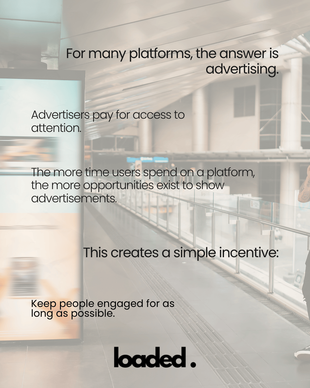A partially blurred image of a modern urban setting, featuring a display screen with text about advertising and user engagement. The foreground includes a person standing by a railing, while the background shows an open area of the building.