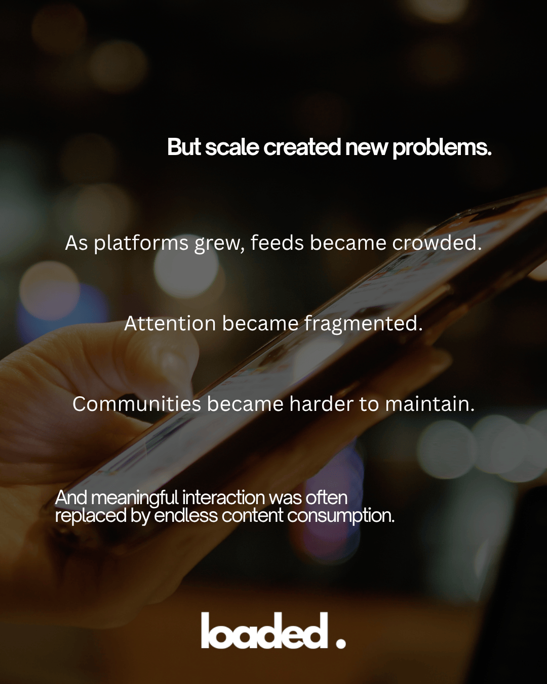 A smartphone held in a hand with a blurred background featuring colorful lights and text overlays discussing the challenges of growing social media platforms.
