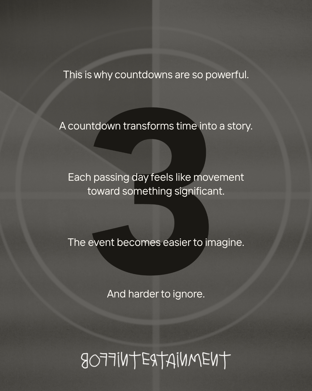 A digital countdown graphic with the number '3' prominently displayed, along with text discussing the power of countdowns in creating anticipation and significance around events.