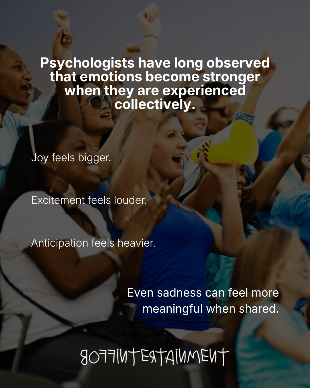 A diverse group of people with raised arms, celebrating and expressing emotions in a lively atmosphere, with text discussing the impact of collective emotion.