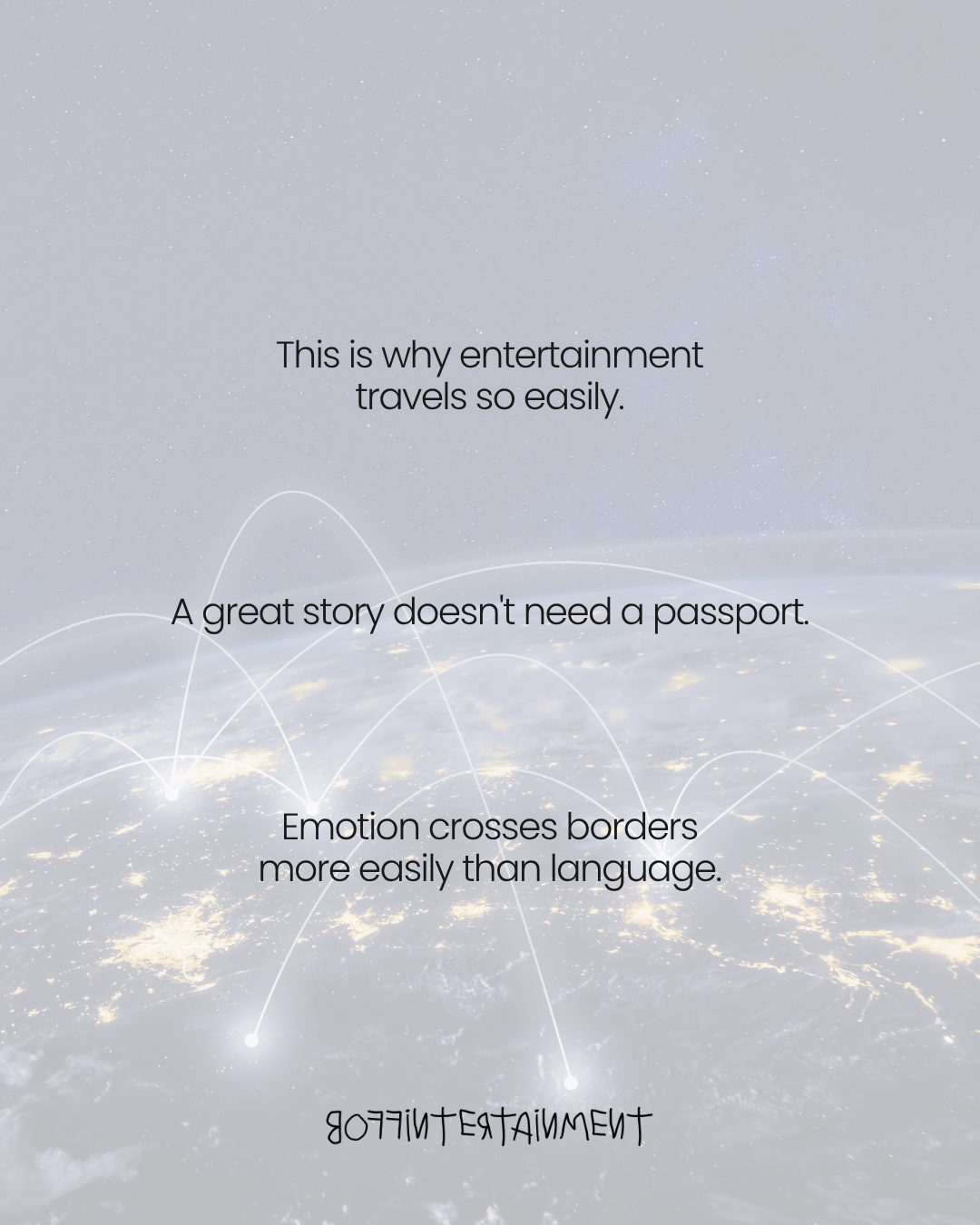 An inspirational quote about the universal nature of storytelling and emotions, set against a cosmic background.