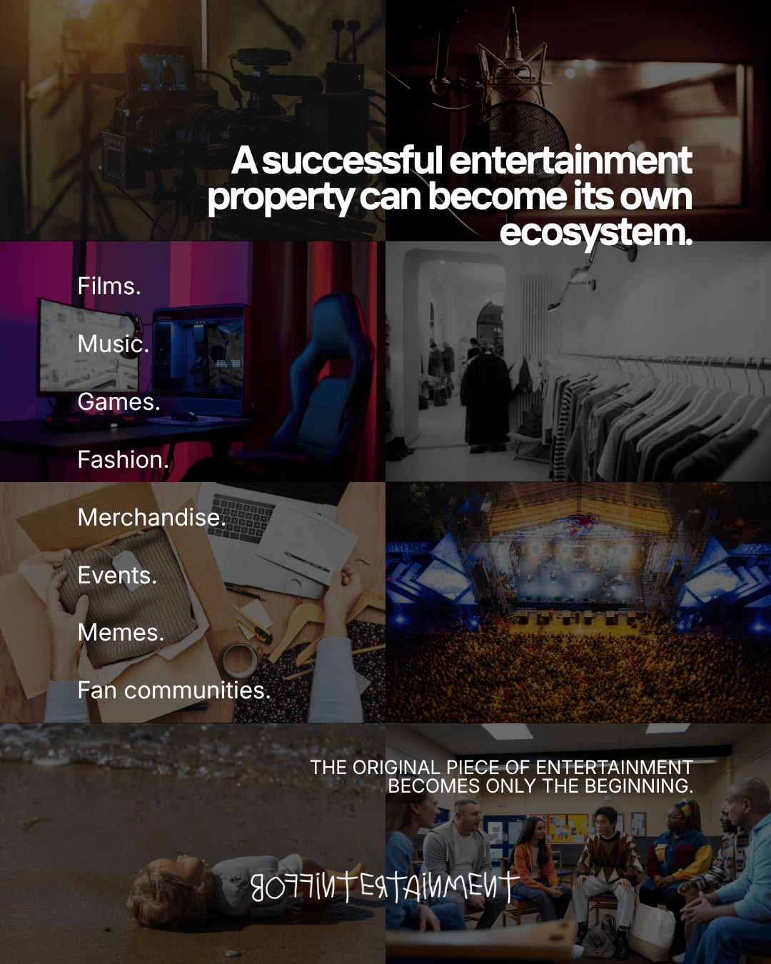 A collage illustrating various aspects of entertainment including films, music, games, fashion, merchandise, events, memes, and fan communities, with the text 'A successful entertainment property can become its own ecosystem.'