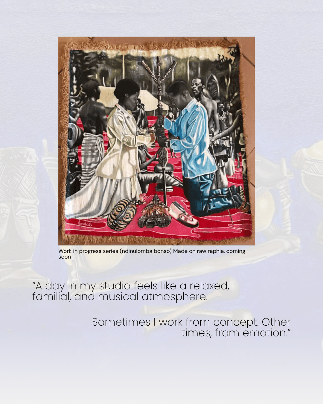Artwork in progress depicting two figures in traditional attire engaged in a ceremonial exchange, with a vibrant red background and other figures in the scene.