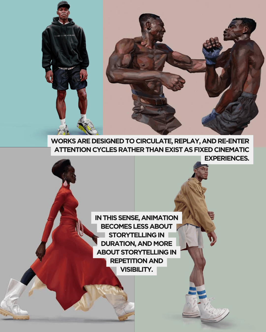 A collage featuring four figures. The top left shows a man in a black hoodie and shorts. The top right displays two muscular men engaged in a dynamic boxing stance. The bottom left features a woman in a long red dress with bold accessories. The bottom right showcases a man in beige jacket and shorts, walking.