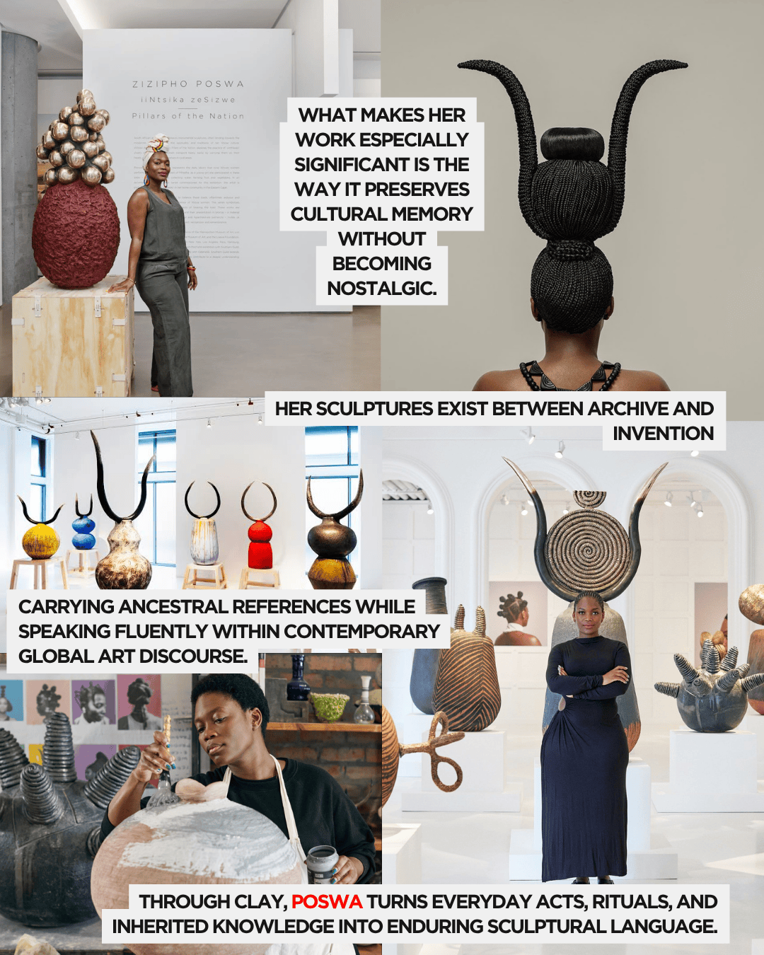 A woman stands next to a large sculpture, embodying cultural memory and artistic expression.