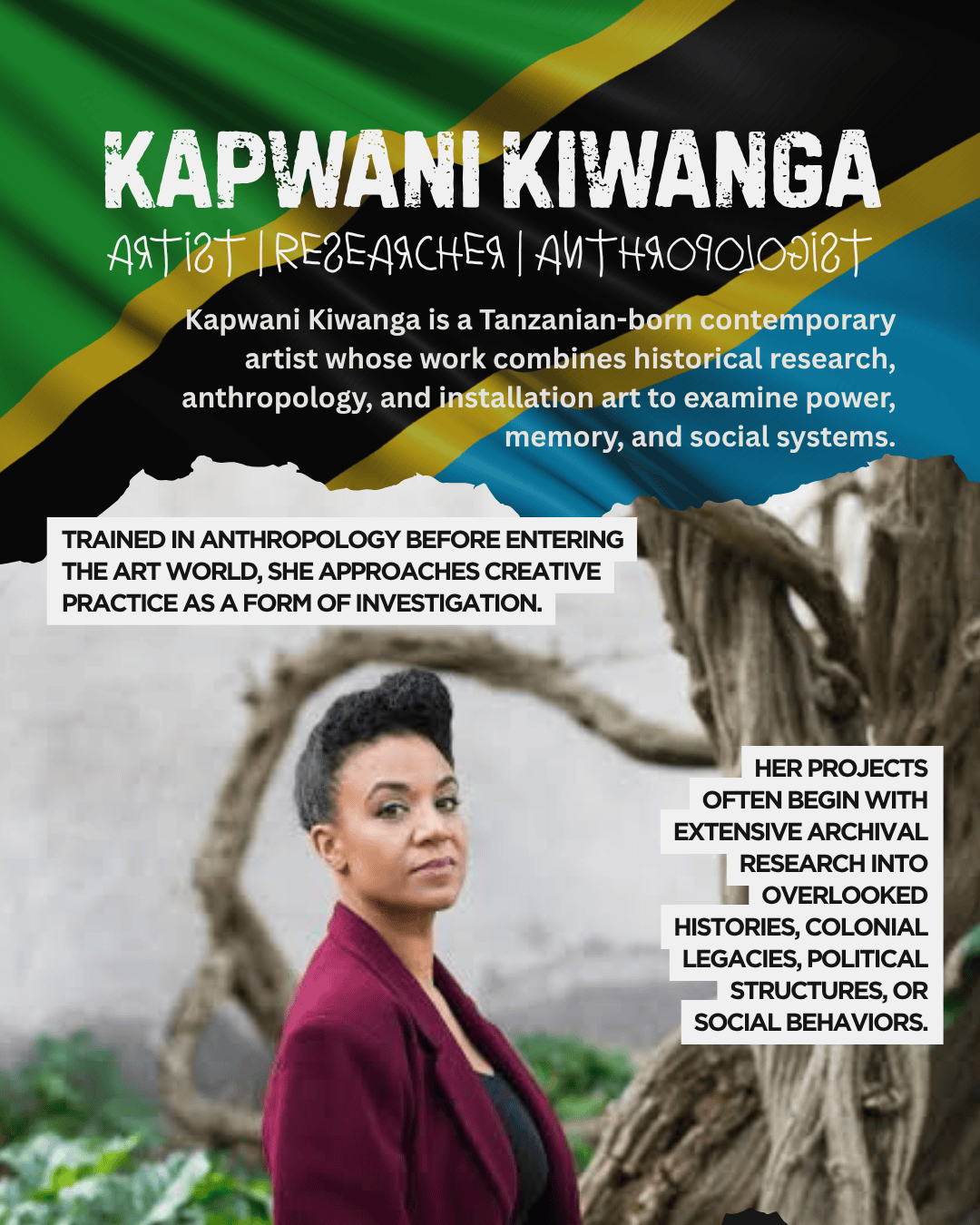 A portrait of Kapwani Kiwanga, a contemporary Tanzanian artist, researcher, and anthropologist, standing in front of a textured background. She appears thoughtful and confident, dressed in a maroon blazer.