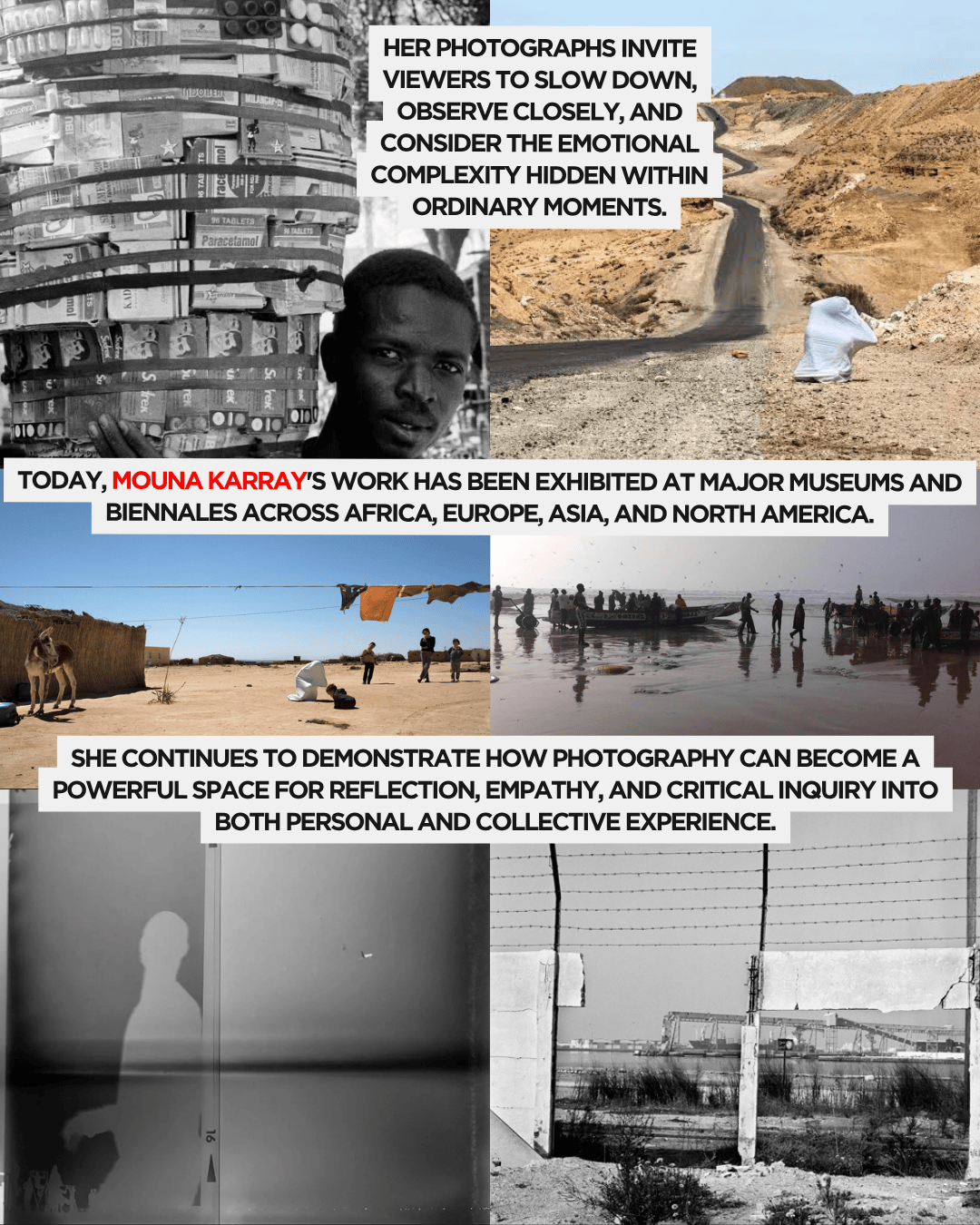 A collage of images showcasing various photographic works, including portraits and landscapes, highlighting themes of reflection and emotional complexity.